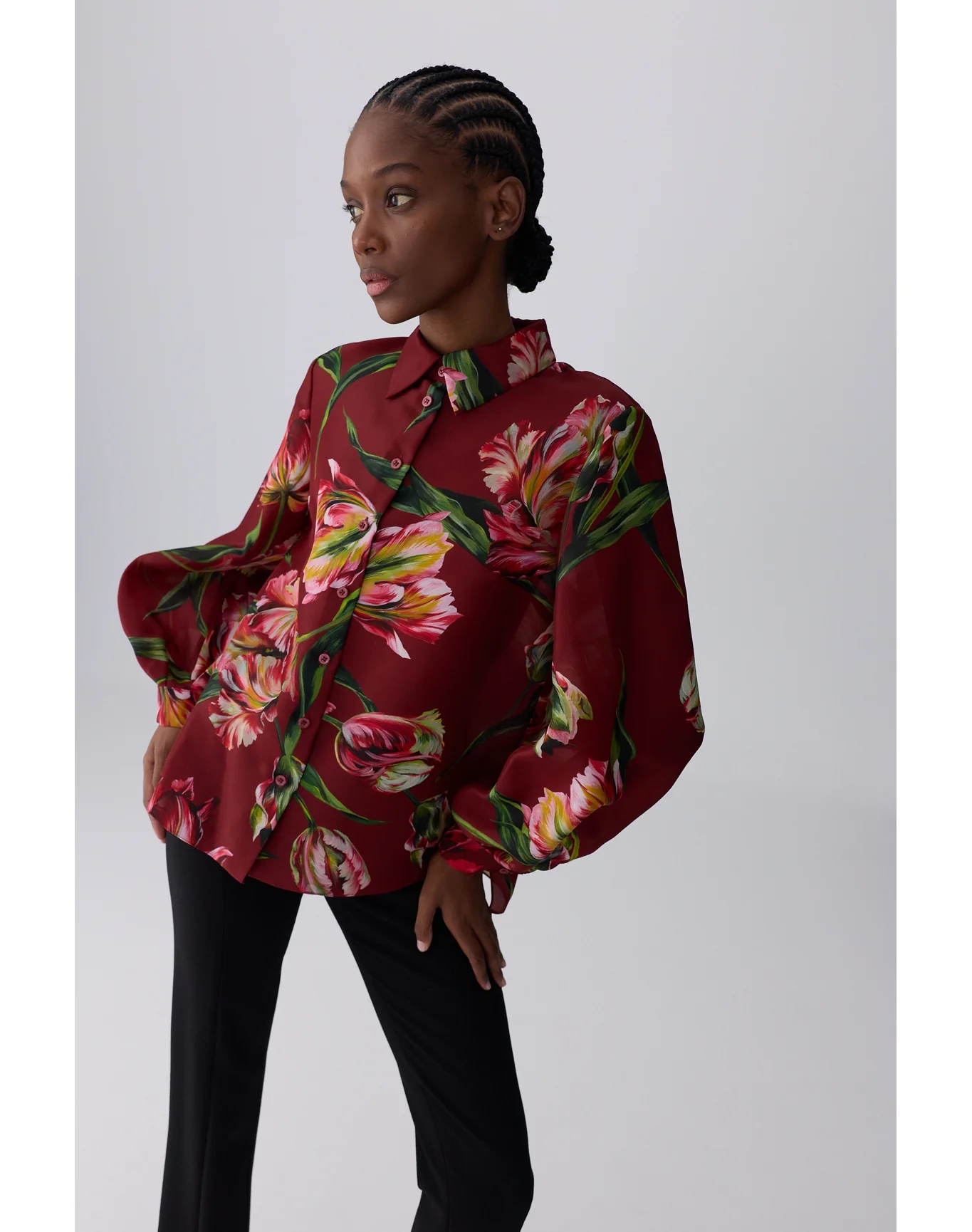 Puff Sleeve Button Down Top | Garnet Multi - Image 2