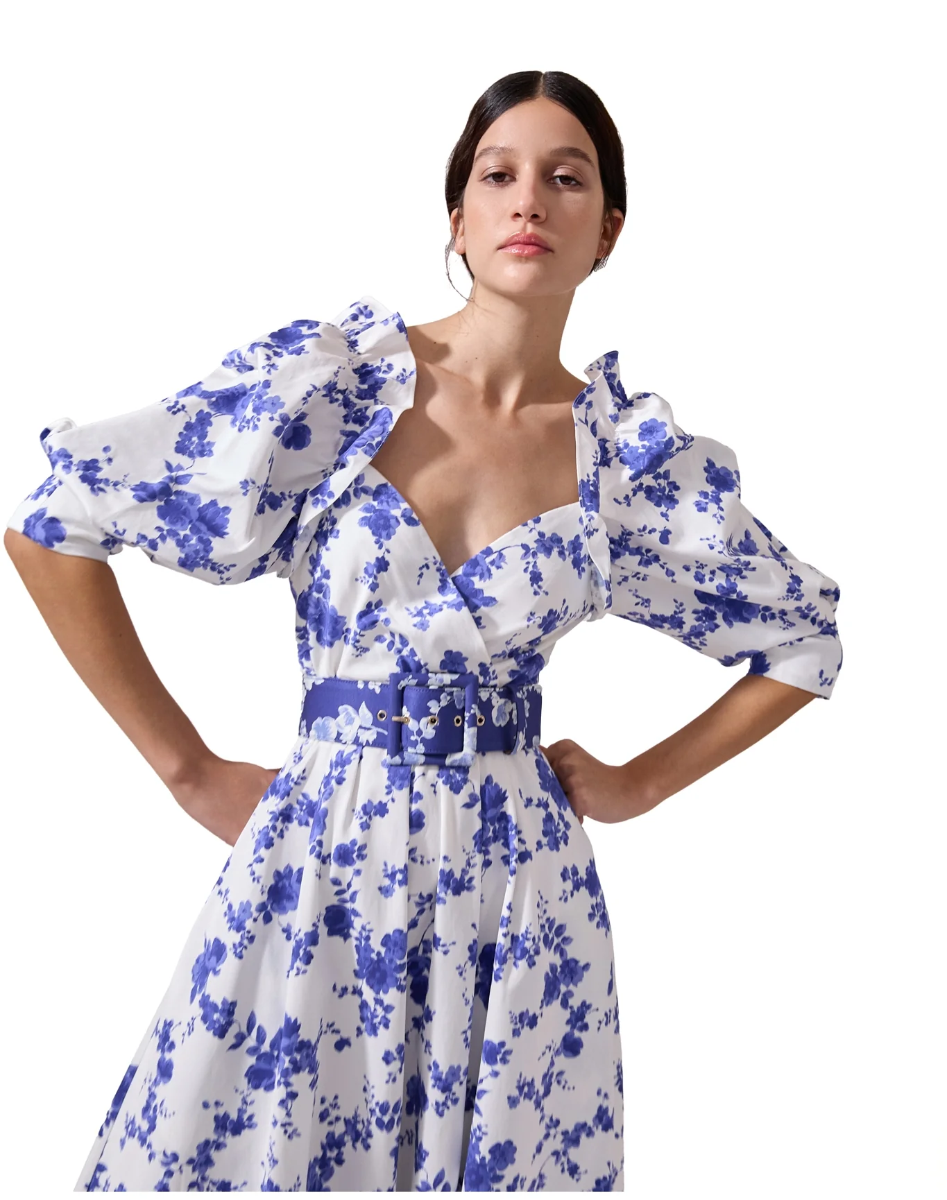 Puff Sleeve Wrap Top Midi Dress with Sash | White Multi - Image 2