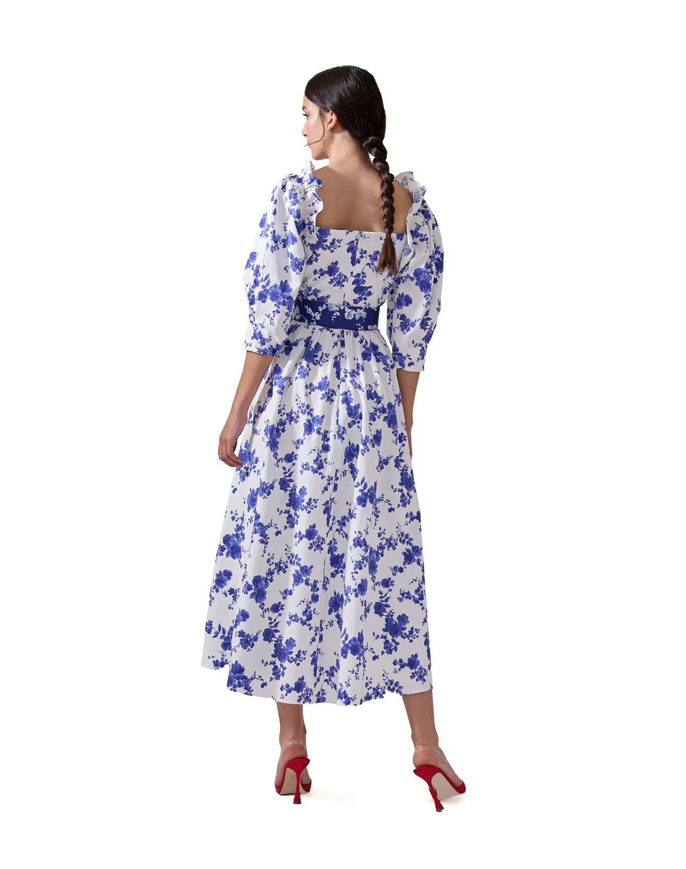 Puff Sleeve Wrap Top Midi Dress with Sash | White Multi - Image 3