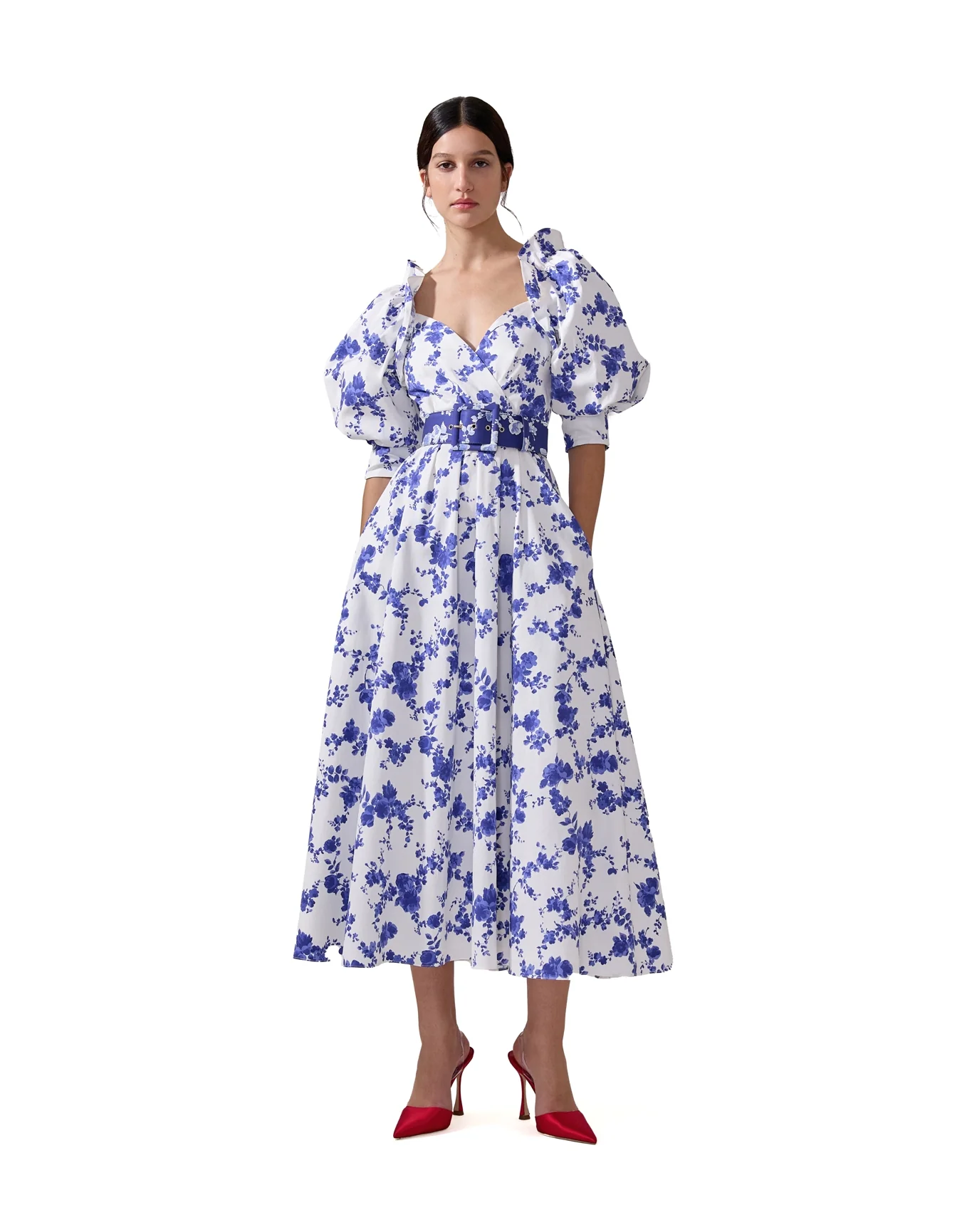 Puff Sleeve Wrap Top Midi Dress with Sash | White Multi - Image 4