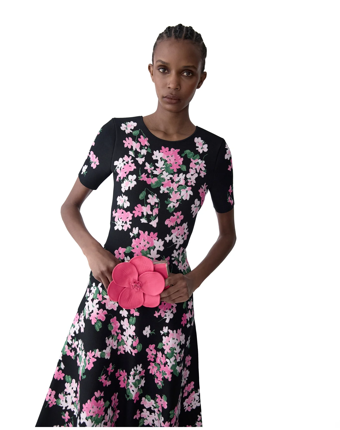 Short Sleeve Flare Dress | Black Multi - Image 3