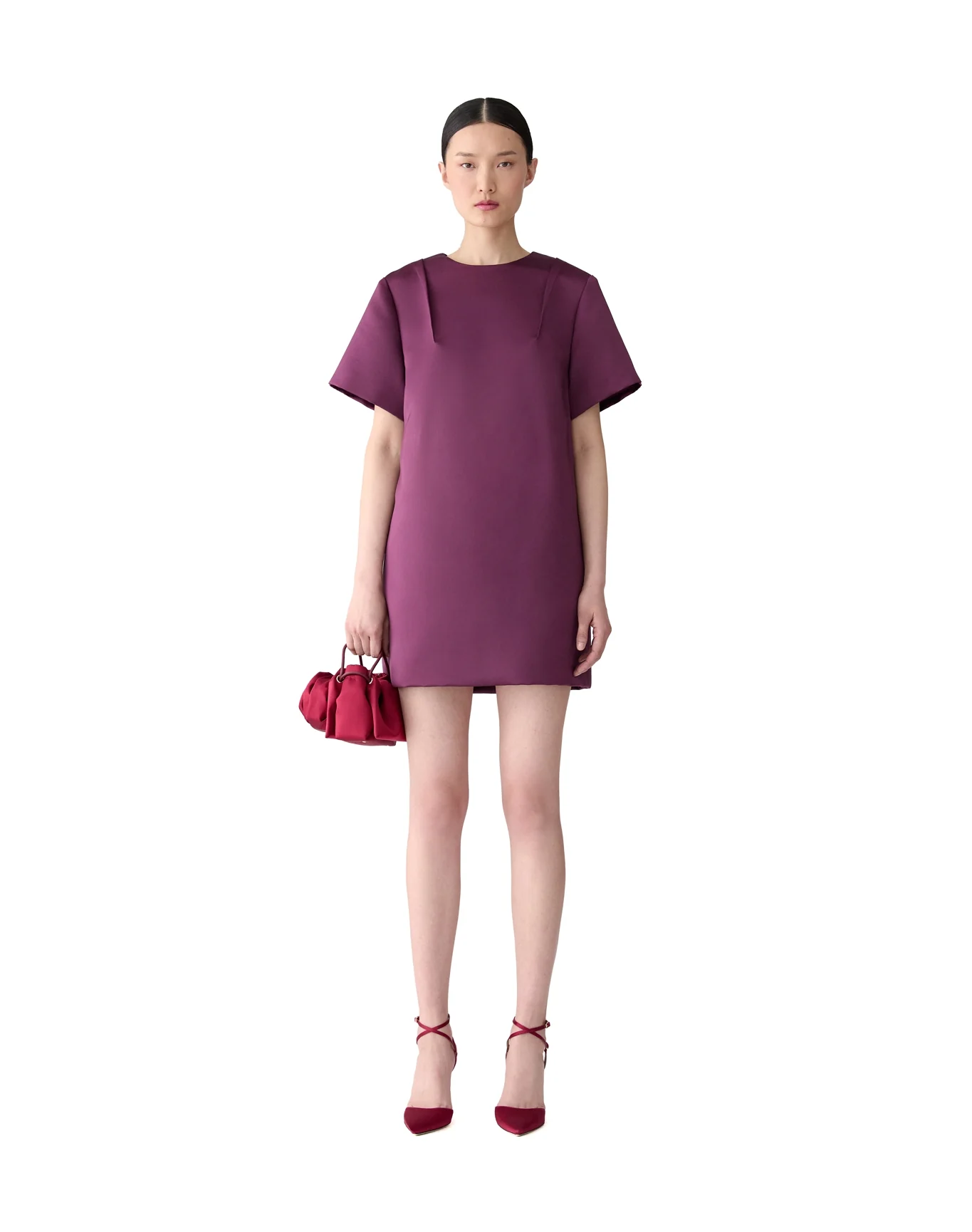 Short Sleeve Crewneck Shift Dress with Belt | Eggplant - Image 2