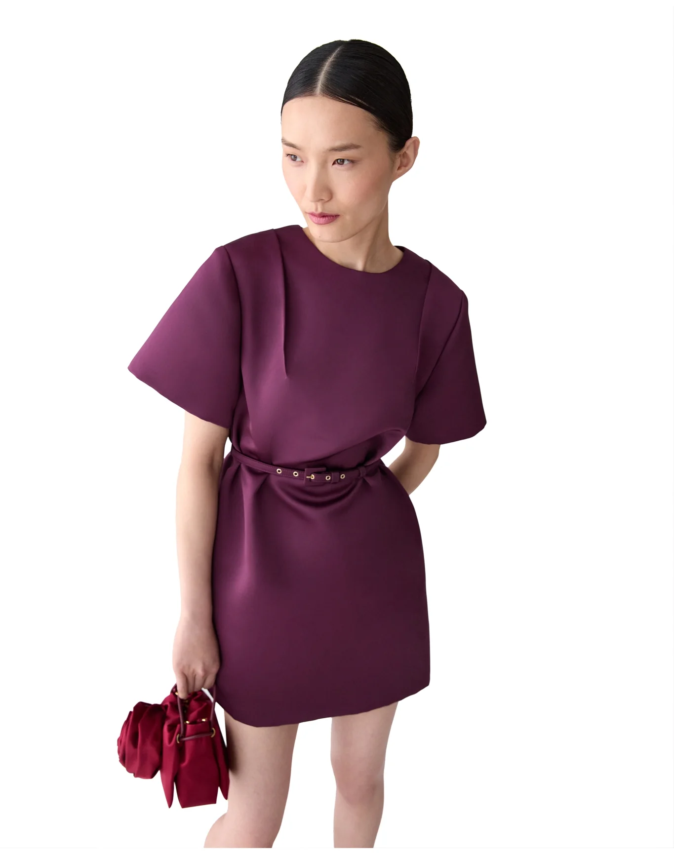 Short Sleeve Crewneck Shift Dress with Belt | Eggplant - Image 5