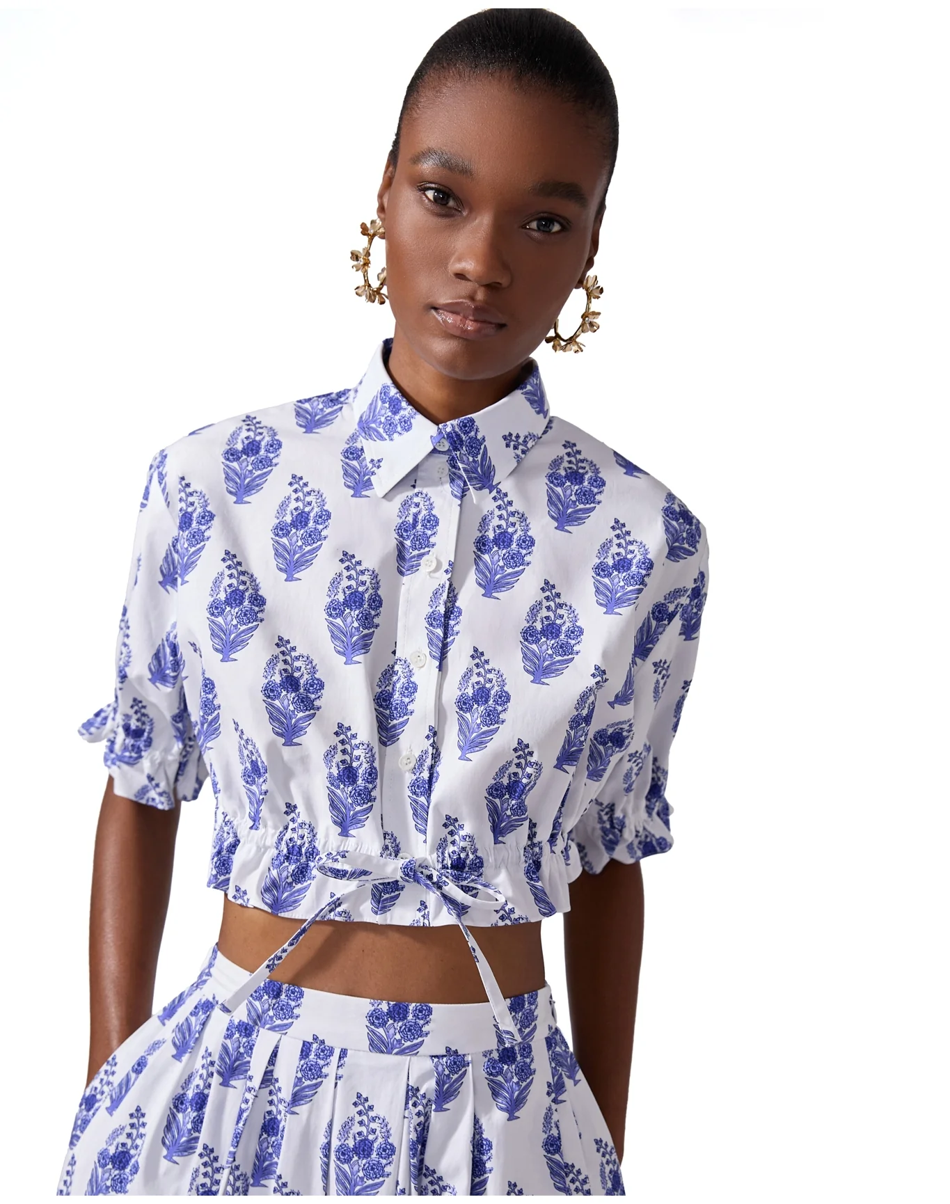Short Sleeve Cropped Button Down with Elastic Waist | White Multi - Image 2