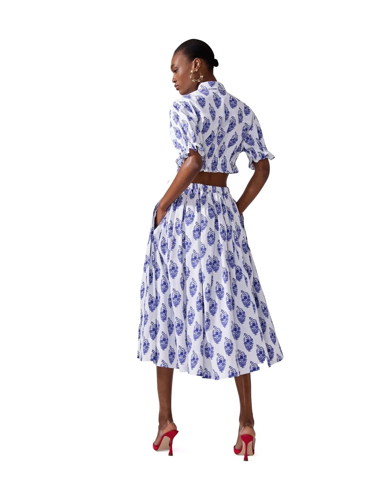 Short Sleeve Cropped Button Down with Elastic Waist | White Multi - Image 3
