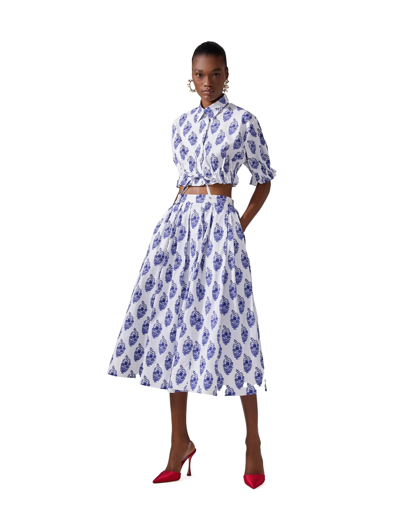 Short Sleeve Cropped Button Down with Elastic Waist | White Multi - Image 4