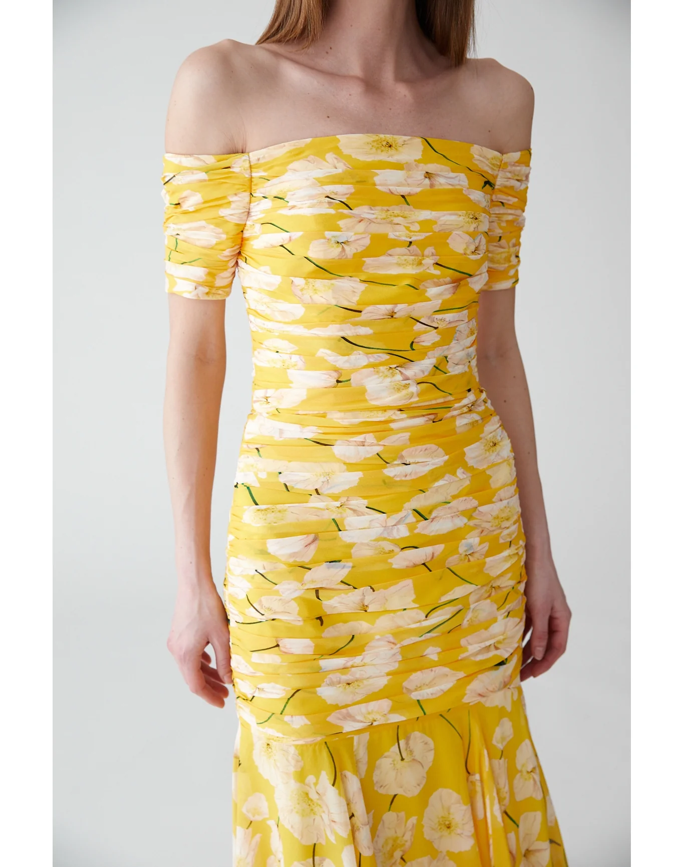 Short Sleeve Off Shoulder Gathered Gown | White Multi - Image 2
