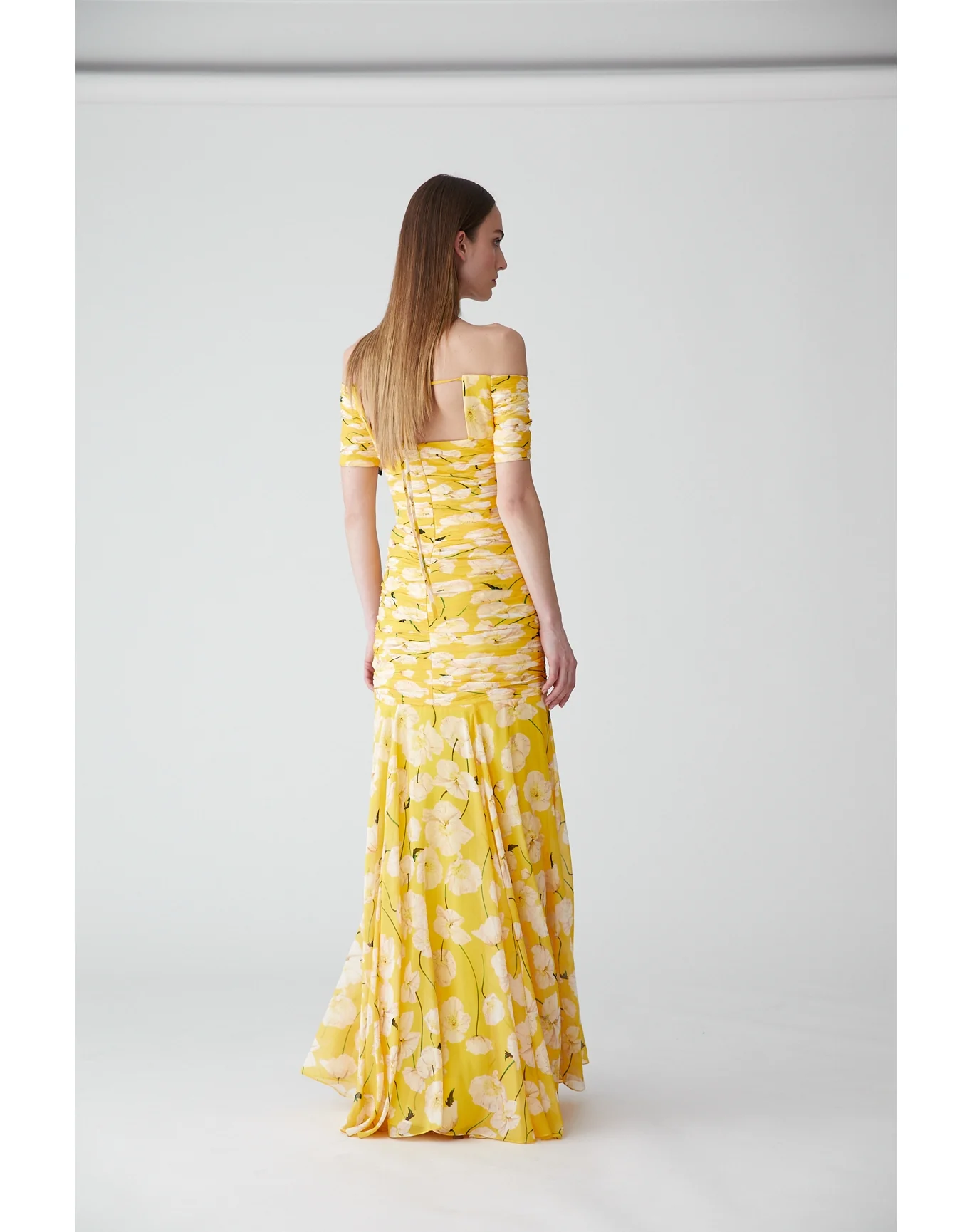 Short Sleeve Off Shoulder Gathered Gown | White Multi - Image 3