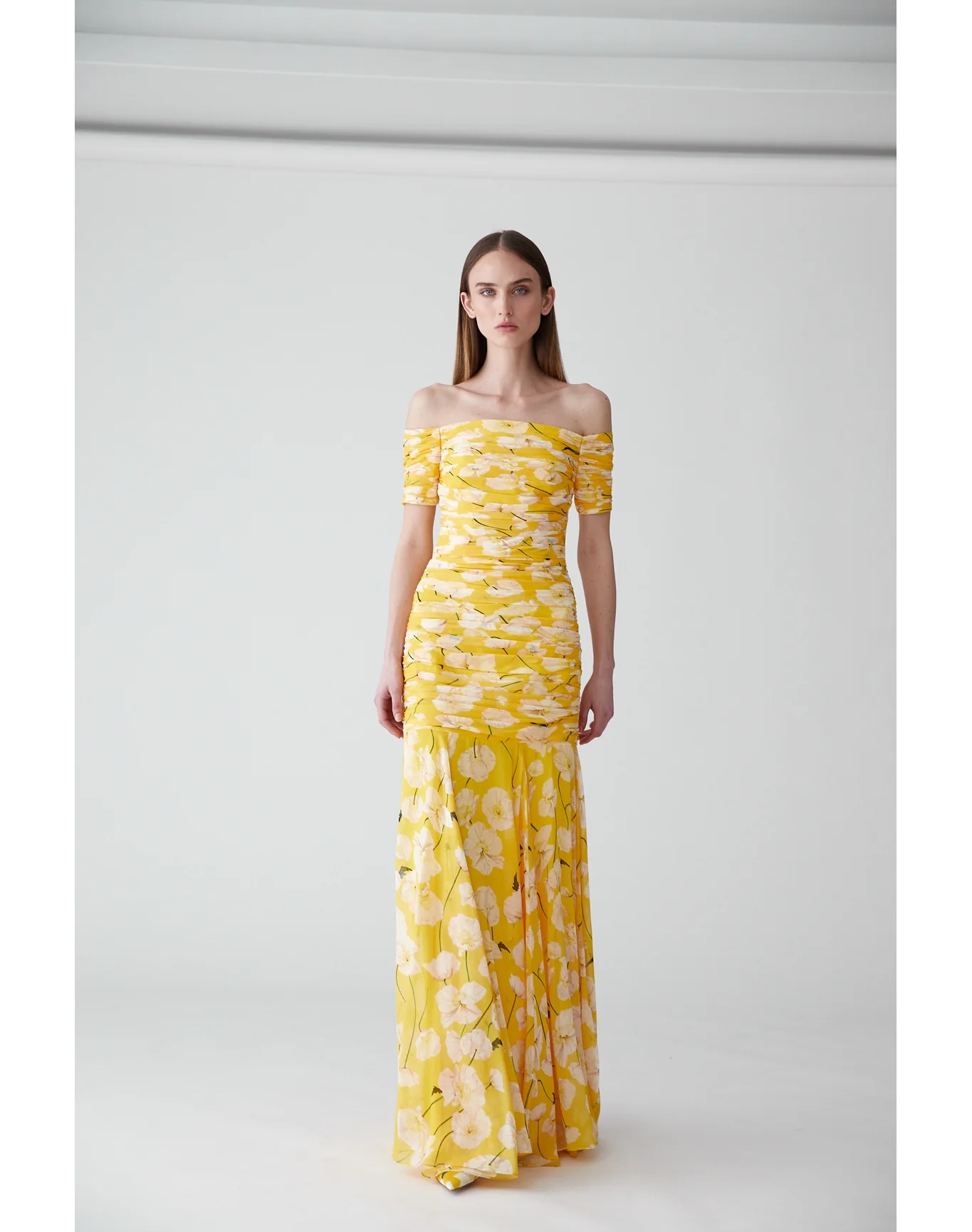 Short Sleeve Off Shoulder Gathered Gown | White Multi - Image 4