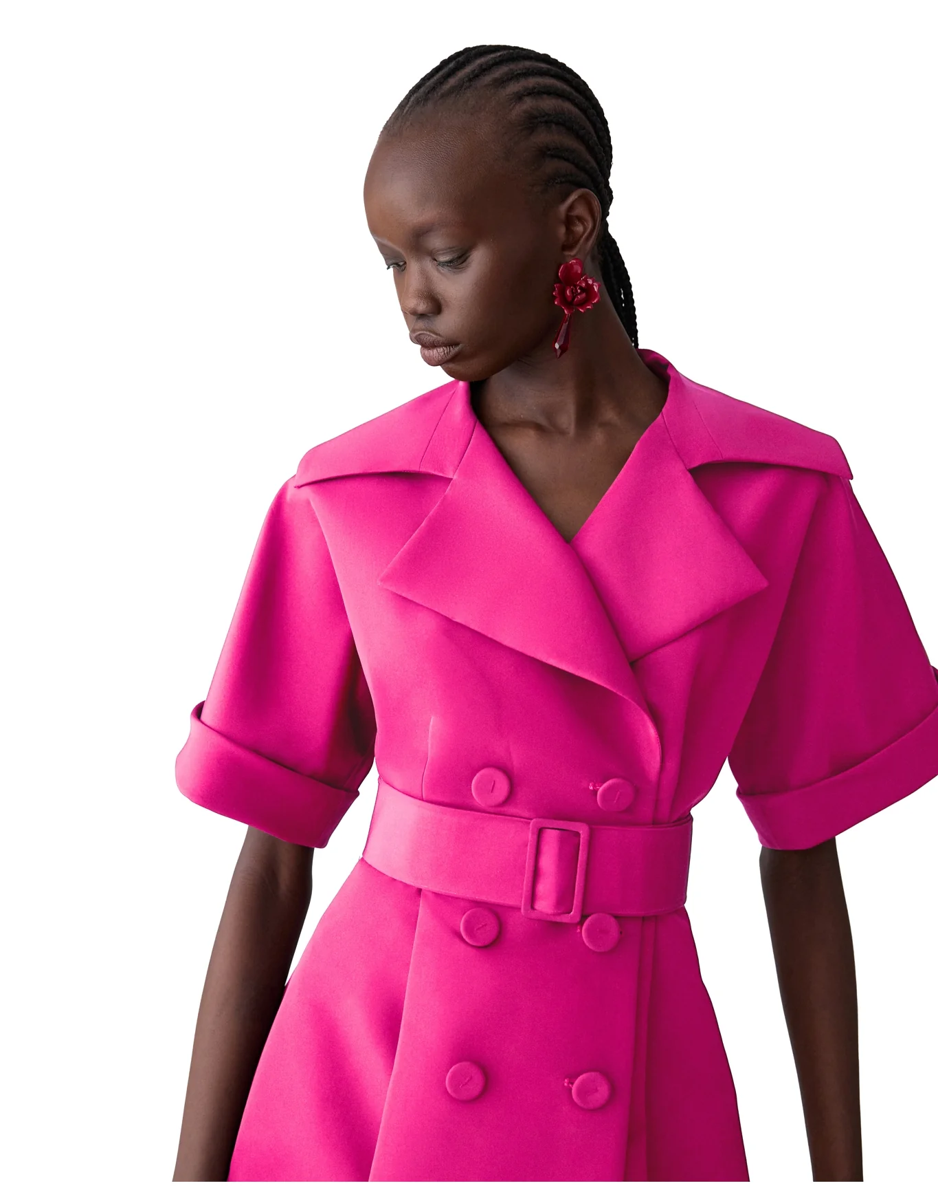 Short Sleeve Trench Gown with Self Belt | Cerise Pink - Image 2
