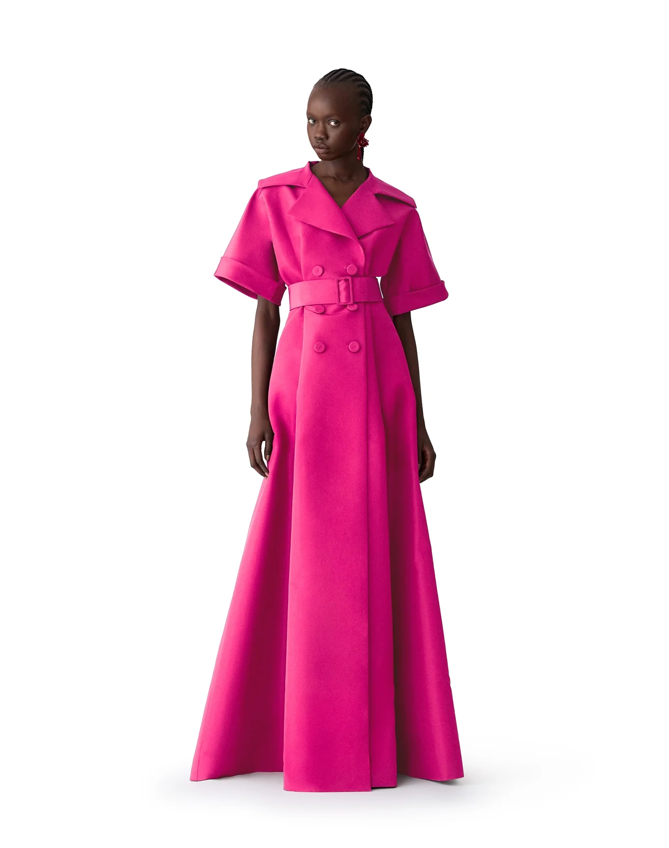 Short Sleeve Trench Gown with Self Belt | Cerise Pink - Image 4