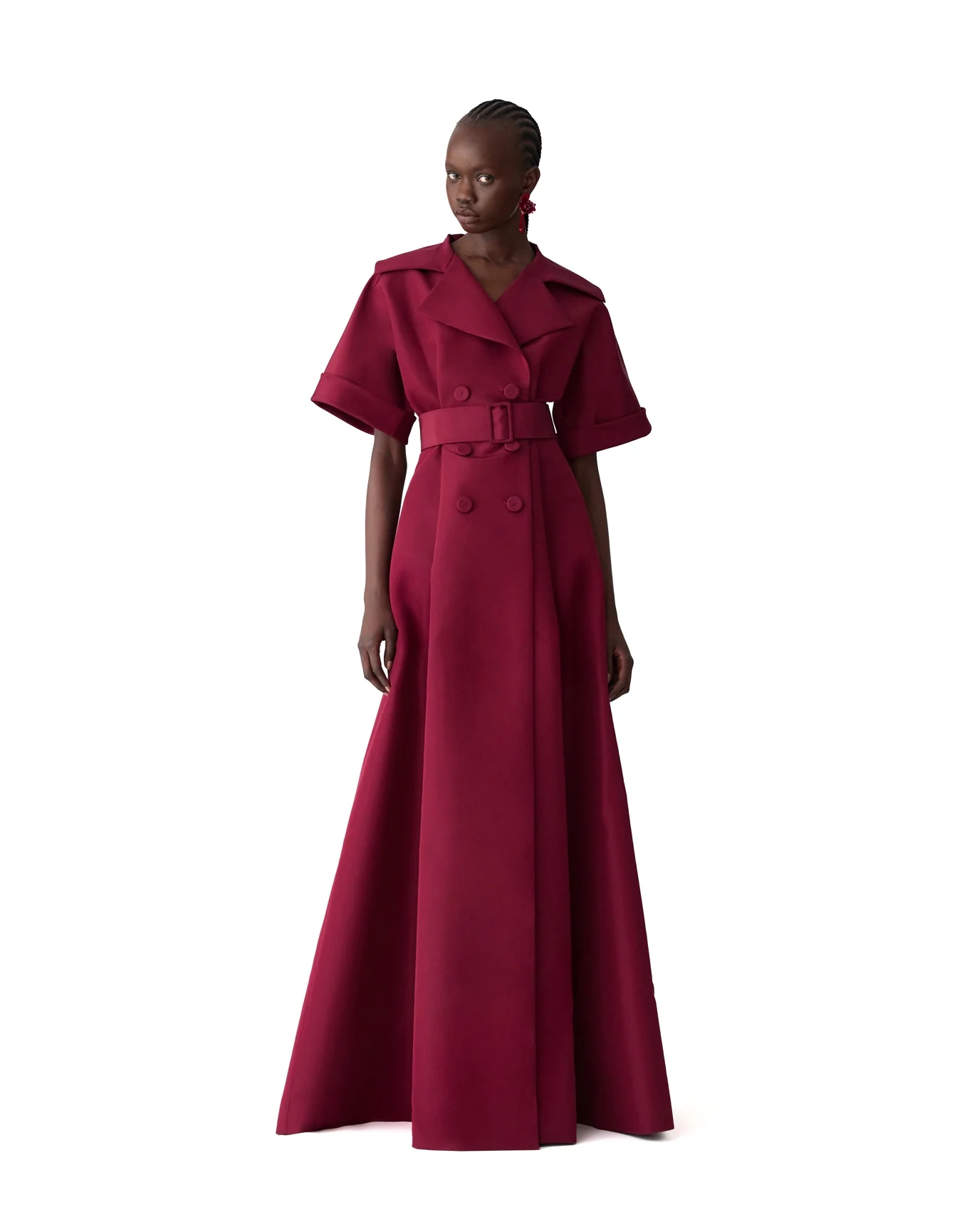 Short Sleeve Trench Gown with Self Belt | Garnet - Image 2