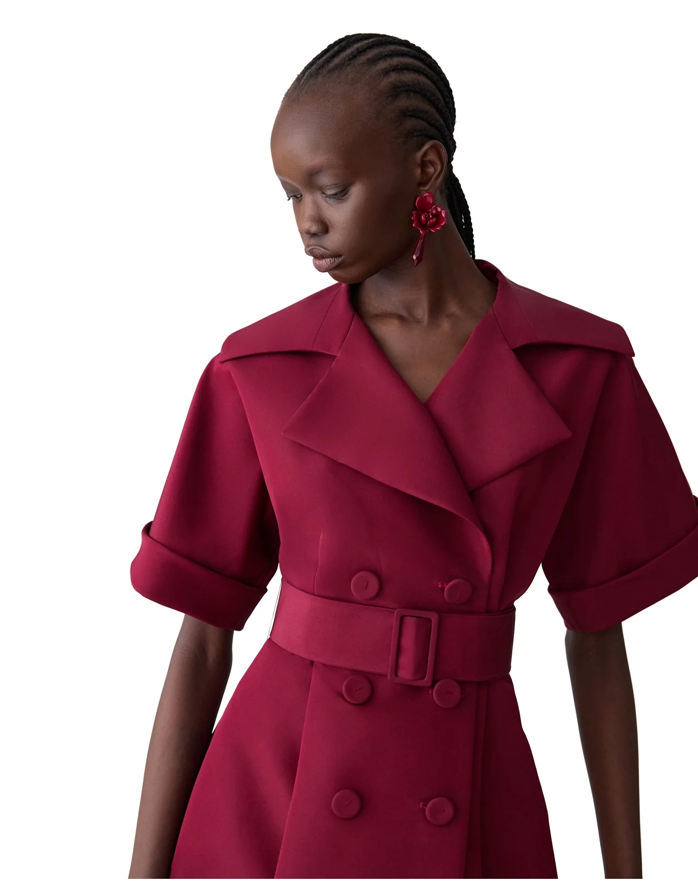 Short Sleeve Trench Gown with Self Belt | Garnet - Image 4