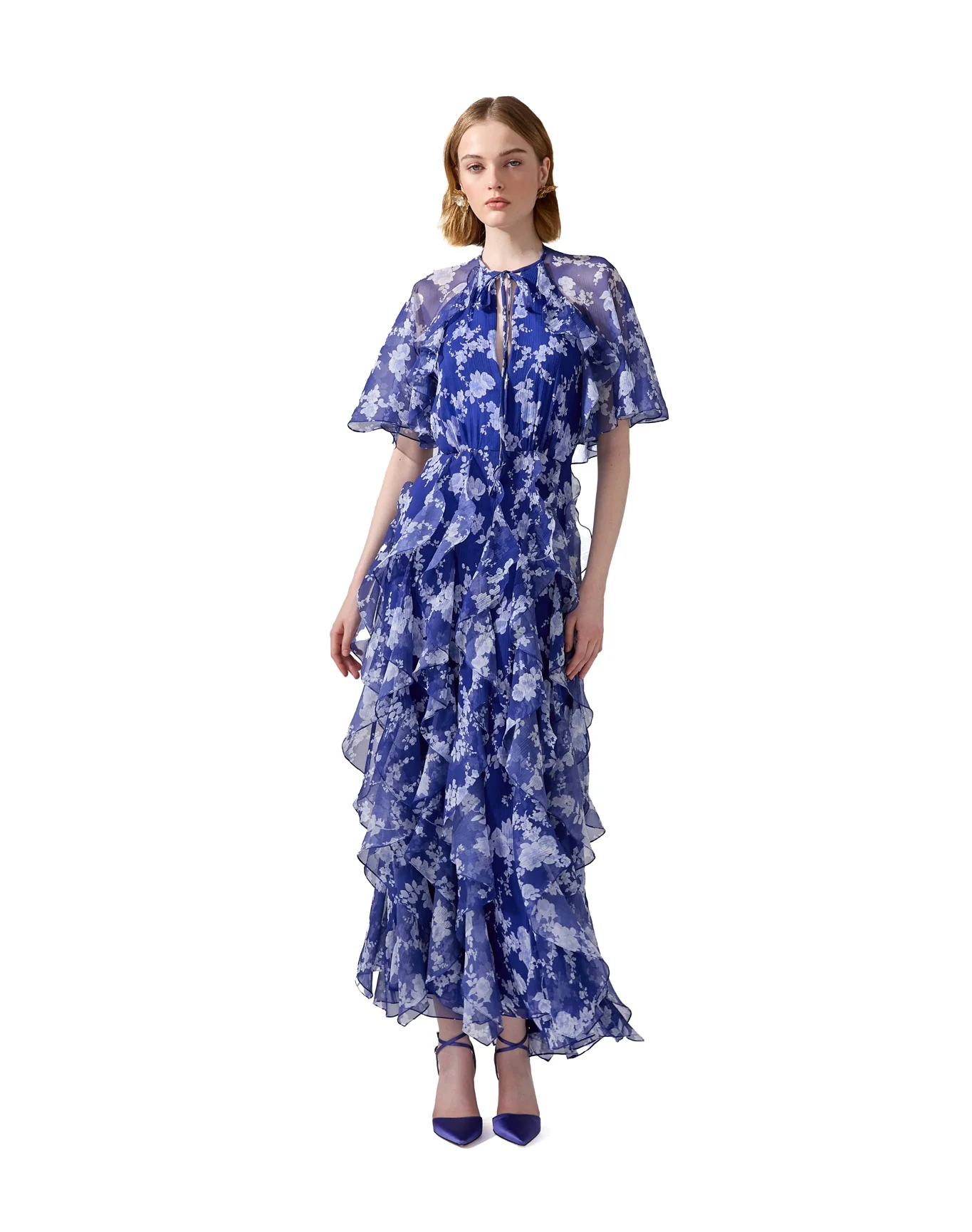 Short Sleeve V Neck Cape Ruffled Midi Dress | Nautilus Multi - Image 2