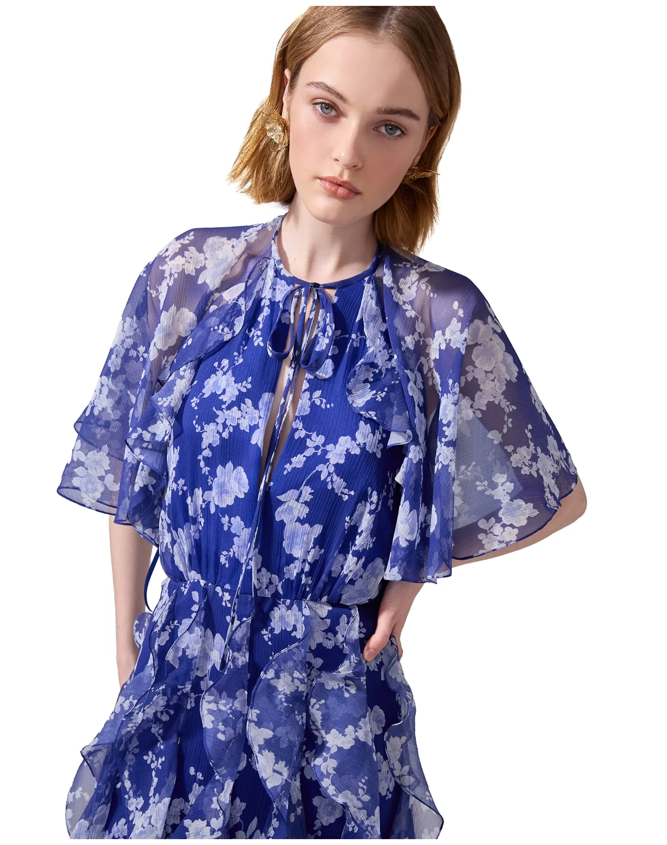 Short Sleeve V Neck Cape Ruffled Midi Dress | Nautilus Multi - Image 4