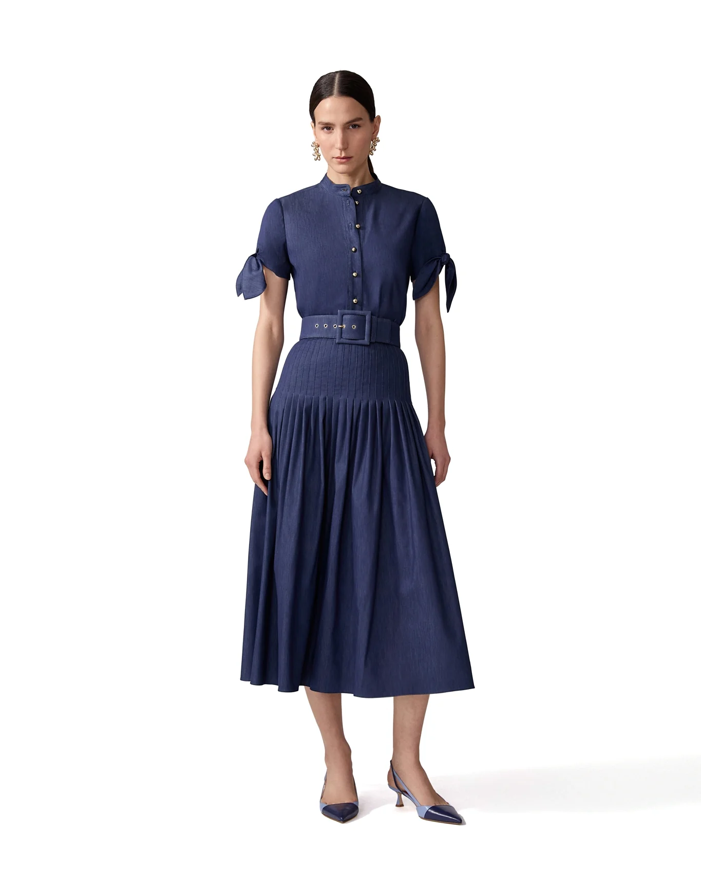 Tie Sleeve Collarless Button Down Top | Dark Navy - Image 2