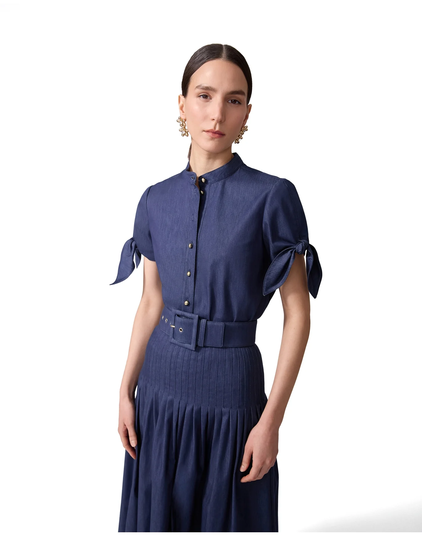Tie Sleeve Collarless Button Down Top | Dark Navy - Image 4