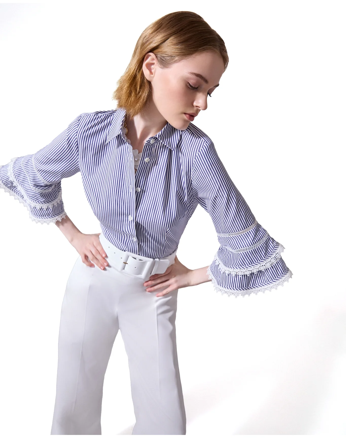 Tiered Ruffle Sleeve Button Down Top | White x Blue - Image 2
