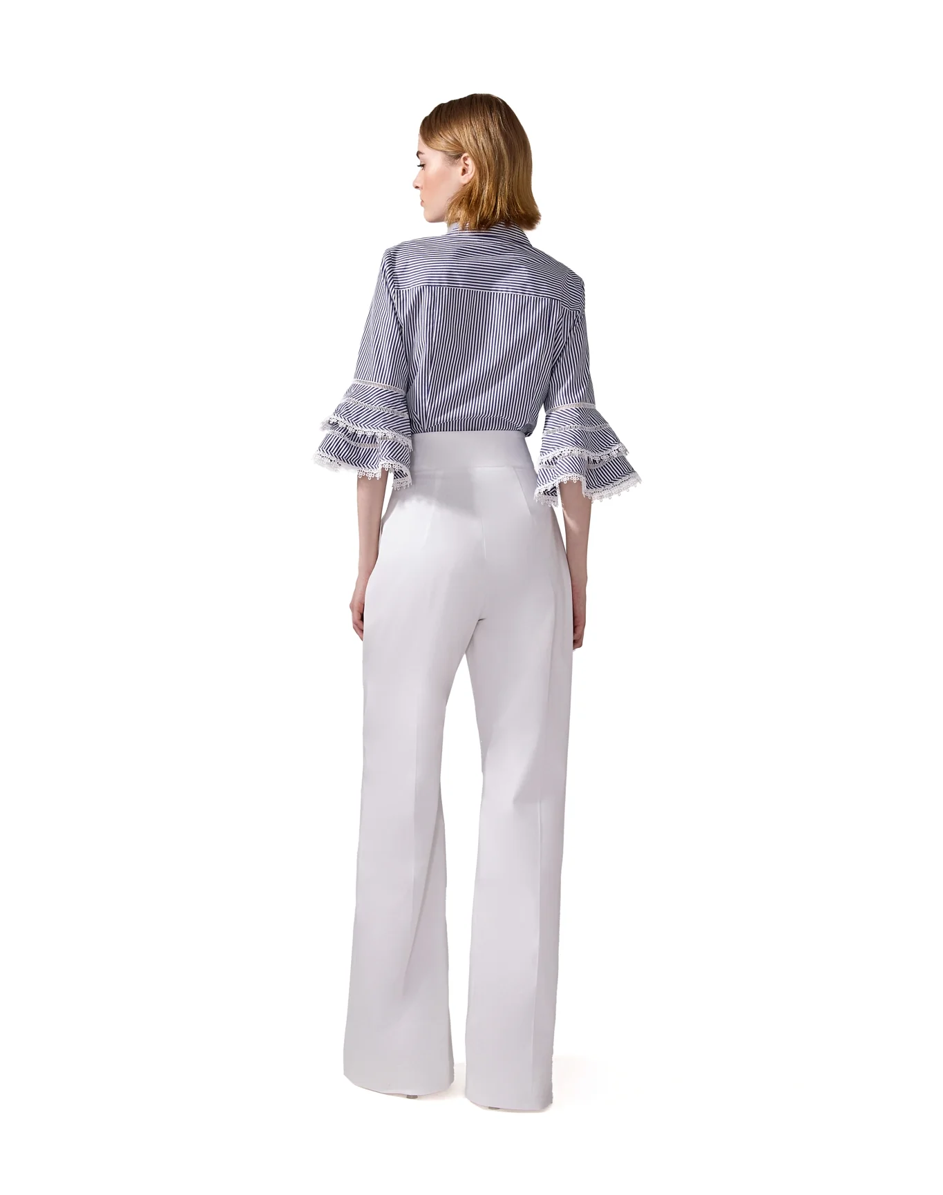 Tiered Ruffle Sleeve Button Down Top | White x Blue - Image 3