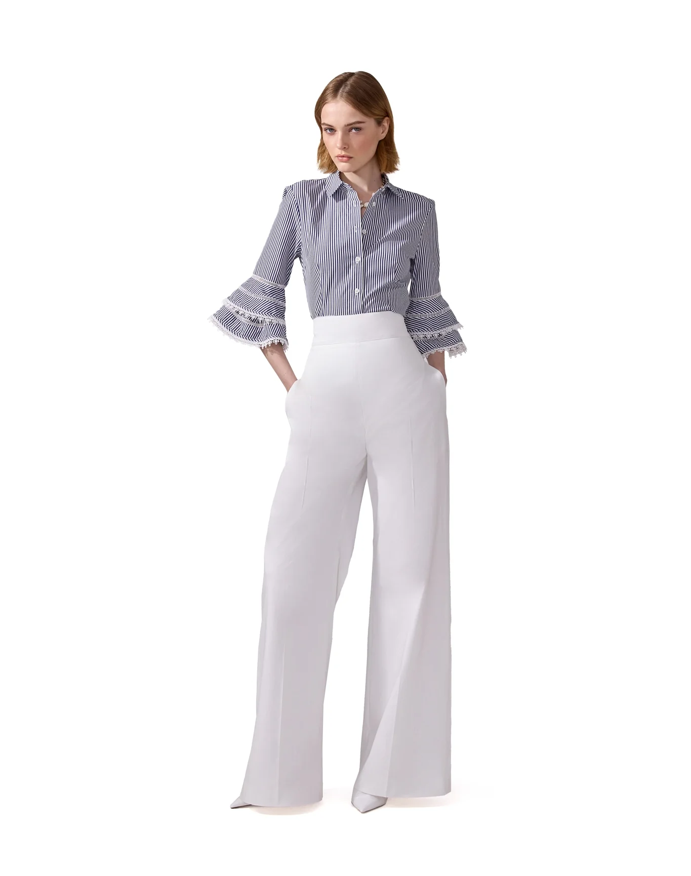 Tiered Ruffle Sleeve Button Down Top | White x Blue - Image 4