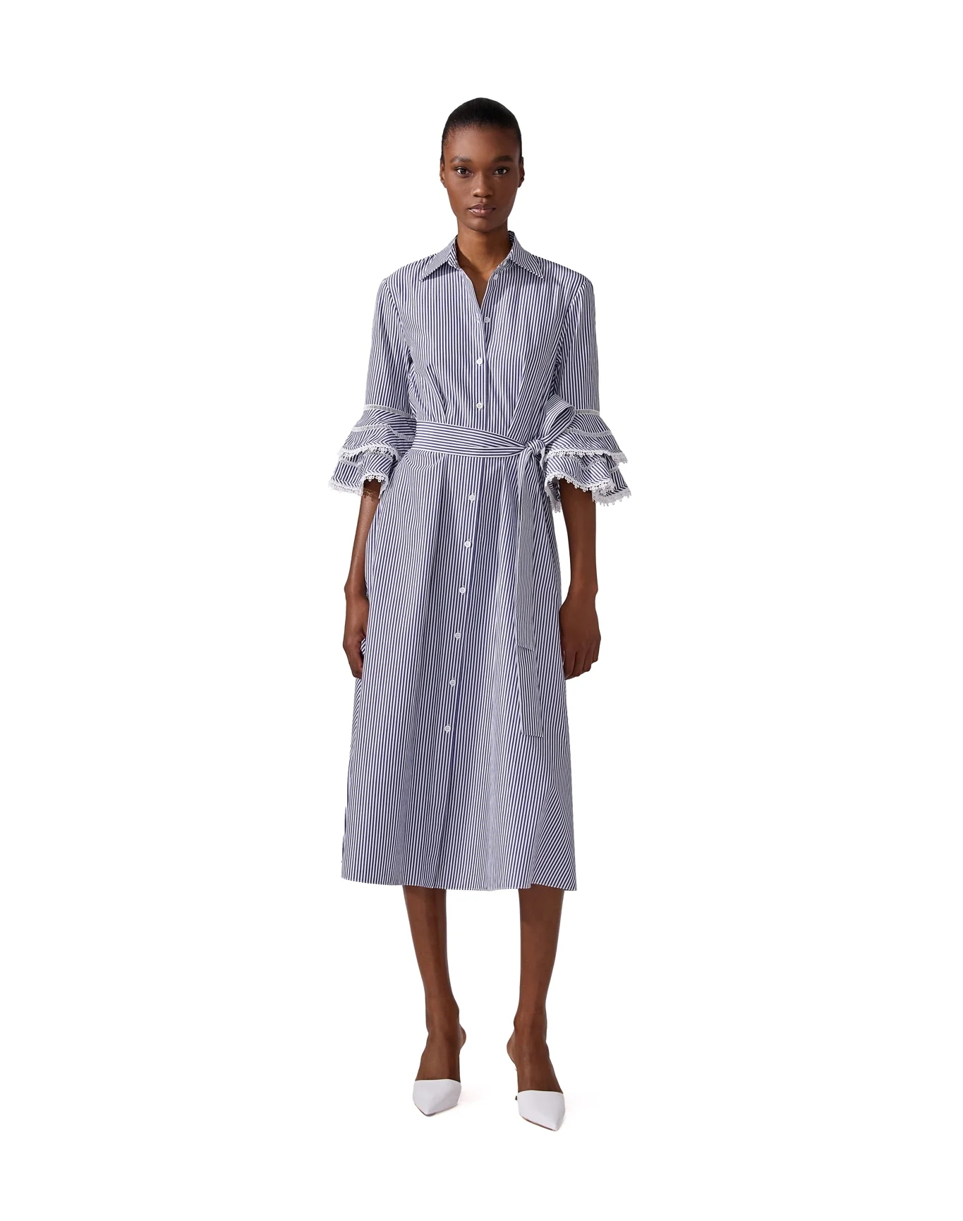 Tiered Ruffle Sleeve Shirt Dress | White x Blue - Image 4