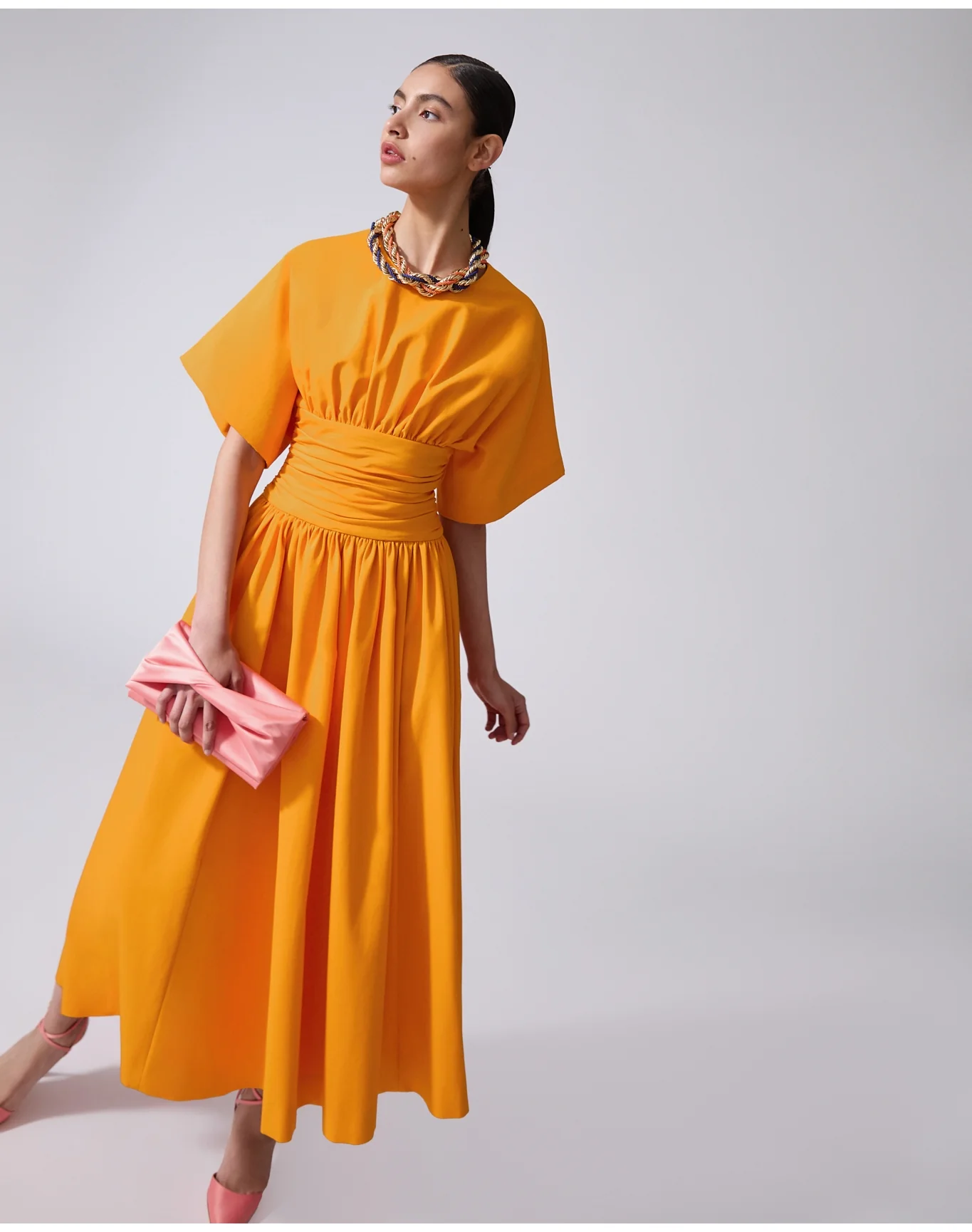Rounded Sleeve Crewneck Midi Dress With Cummerbund Waist | Marigold - Image 2