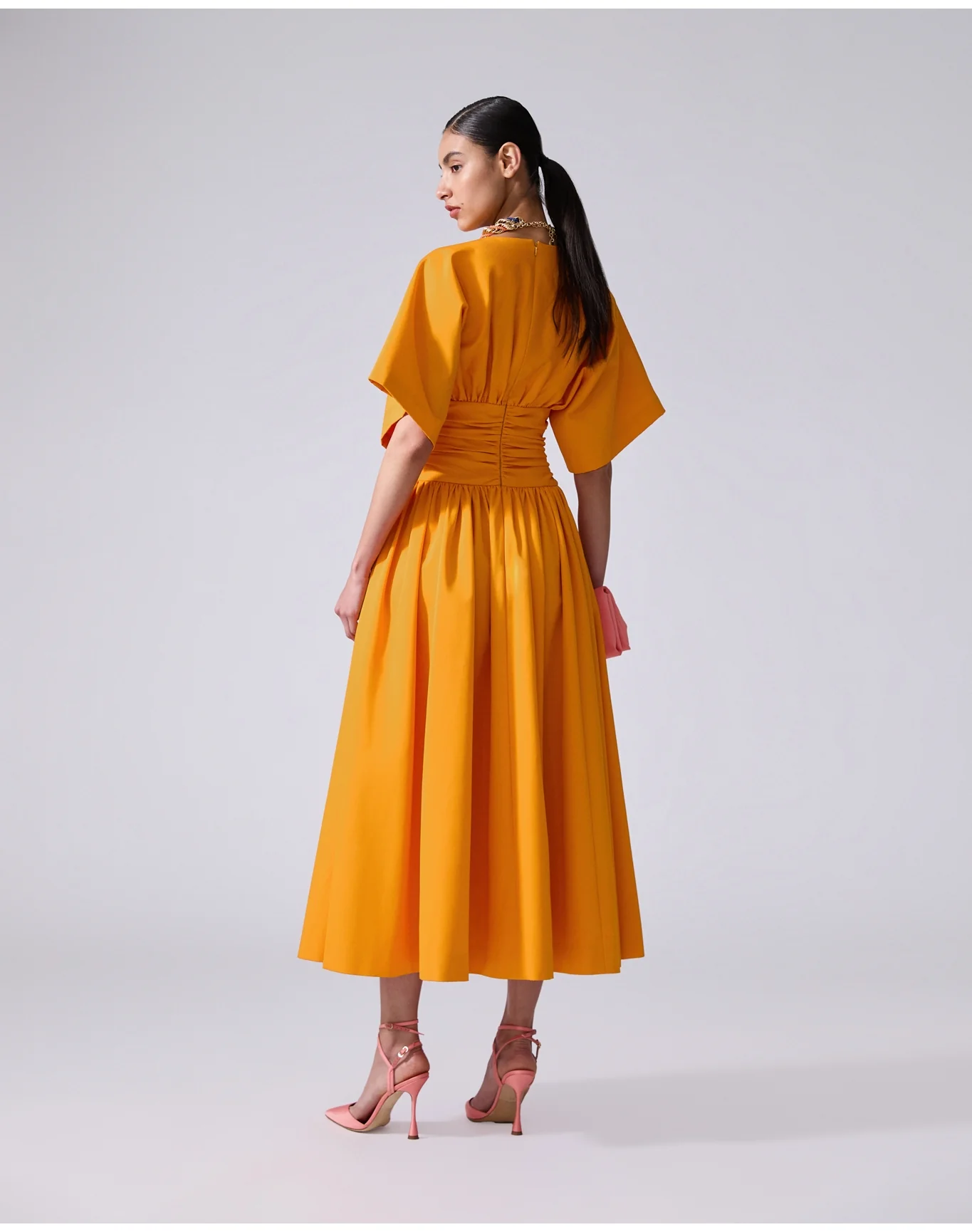 Rounded Sleeve Crewneck Midi Dress With Cummerbund Waist | Marigold - Image 3
