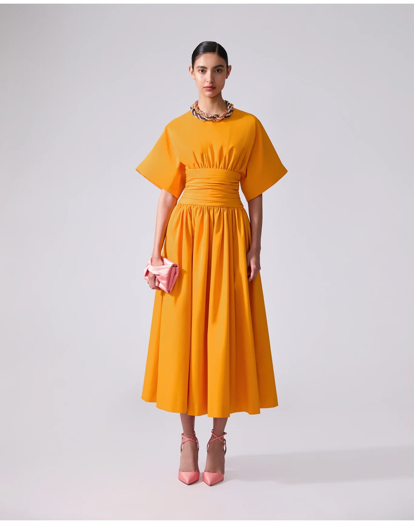 Rounded Sleeve Crewneck Midi Dress With Cummerbund Waist | Marigold - Image 4