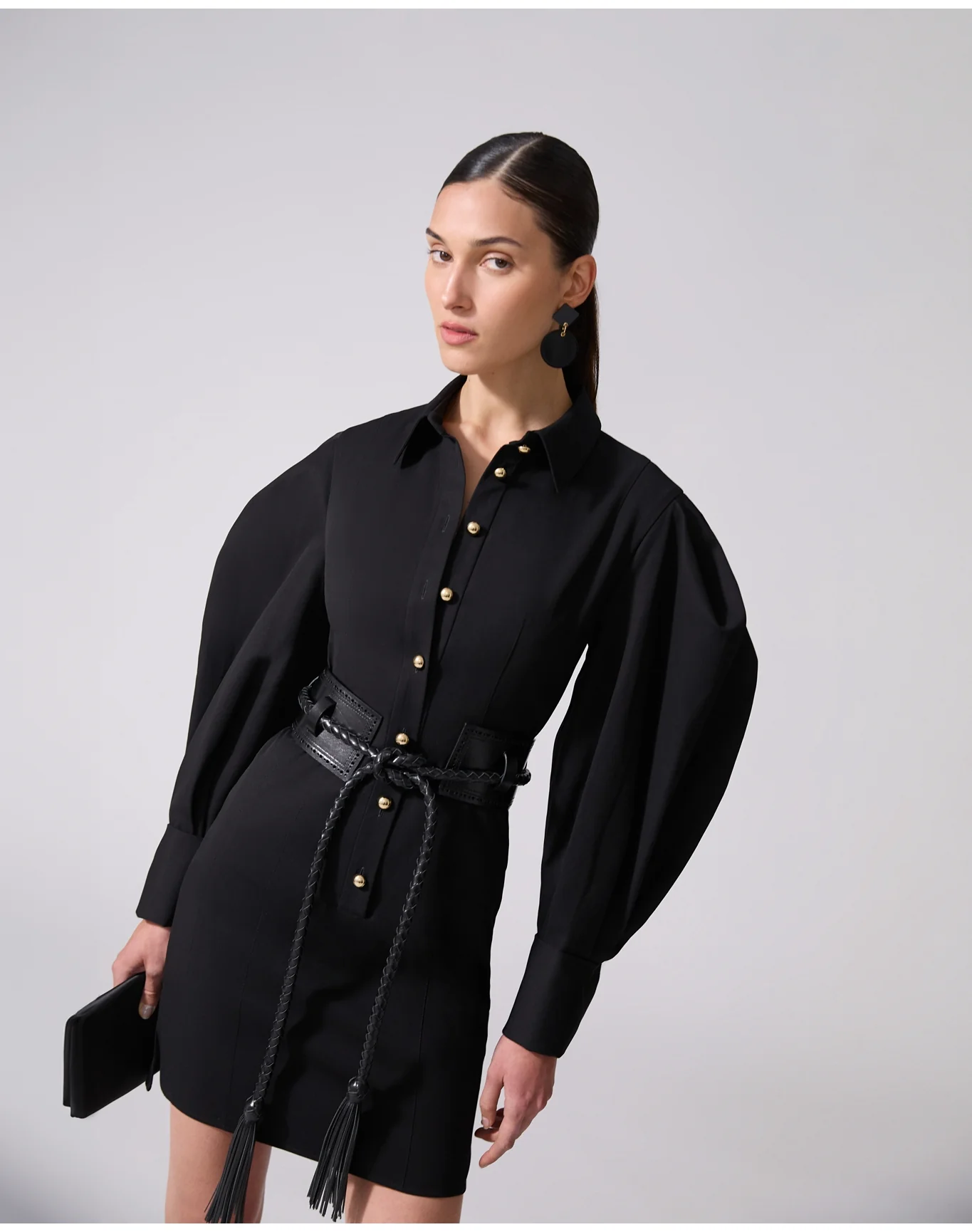 Shirt Dress With High Cuffs And Self Belt | Black - Image 2