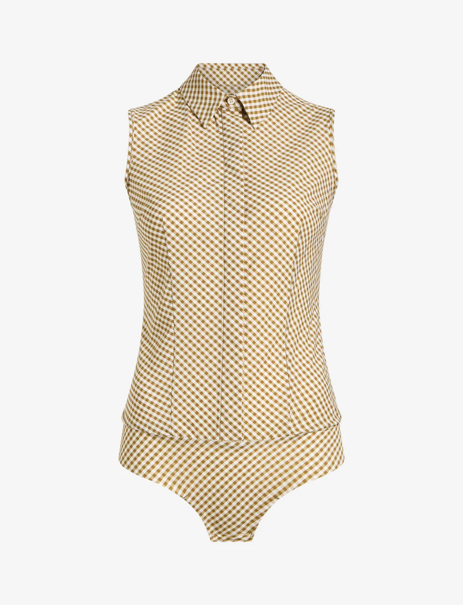 Classic Printed Sleeveless Button Down Bodysuit | Cactus Gingham - Image 5