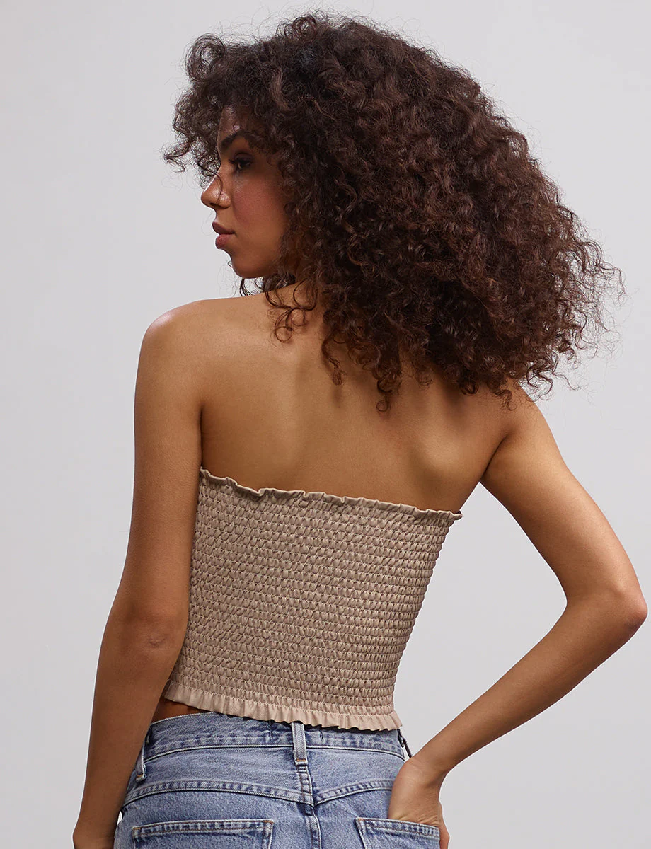 Faux Leather Smocked Tube Top | Sand - Image 3