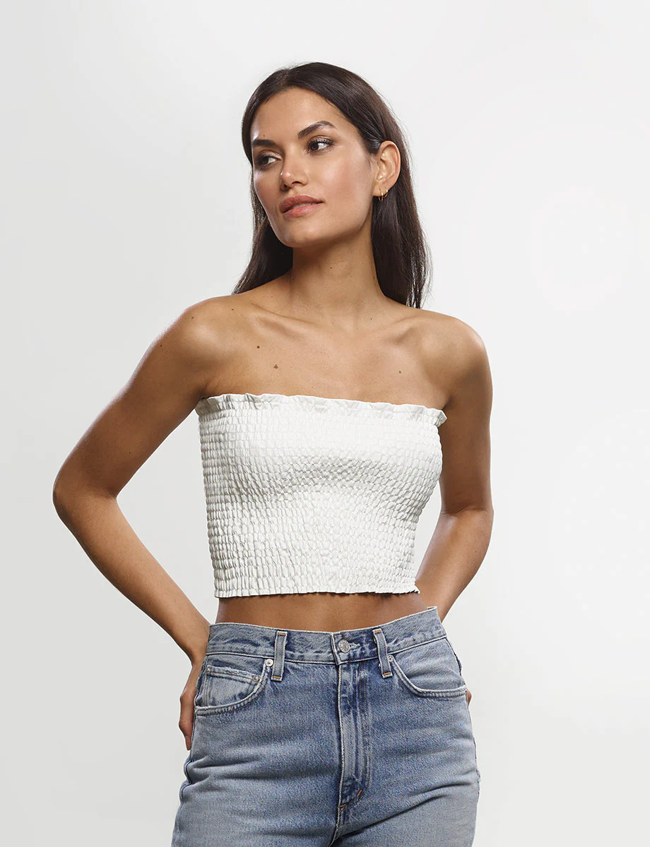Faux Leather Smocked Tube Top | White - Image 2