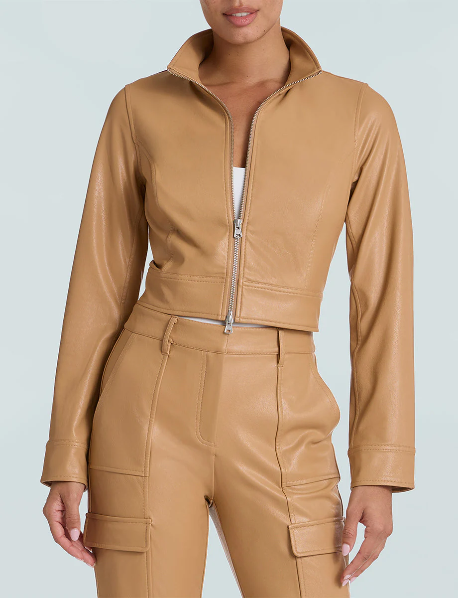 Faux Leather Cropped Biker Jacket | Camel - Image 2
