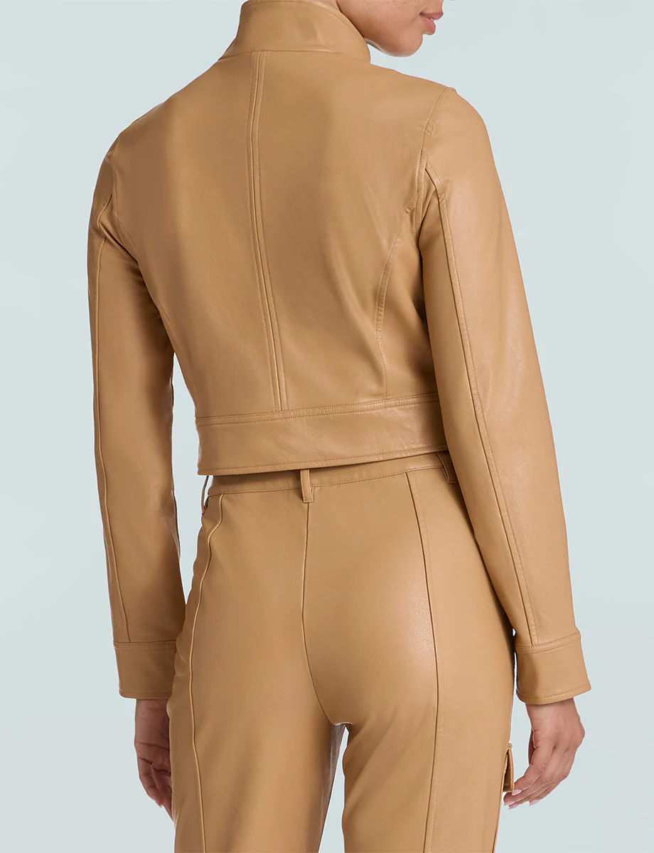 Faux Leather Cropped Biker Jacket | Camel - Image 3