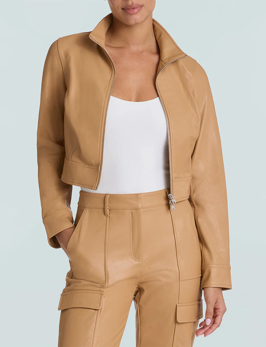 Faux Leather Cropped Biker Jacket | Camel - Image 4