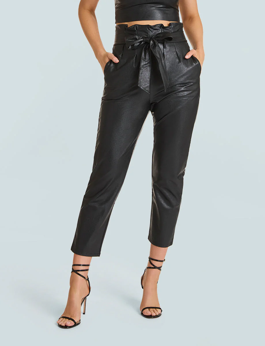 Faux Leather Paperbag Pants | Black - Image 2