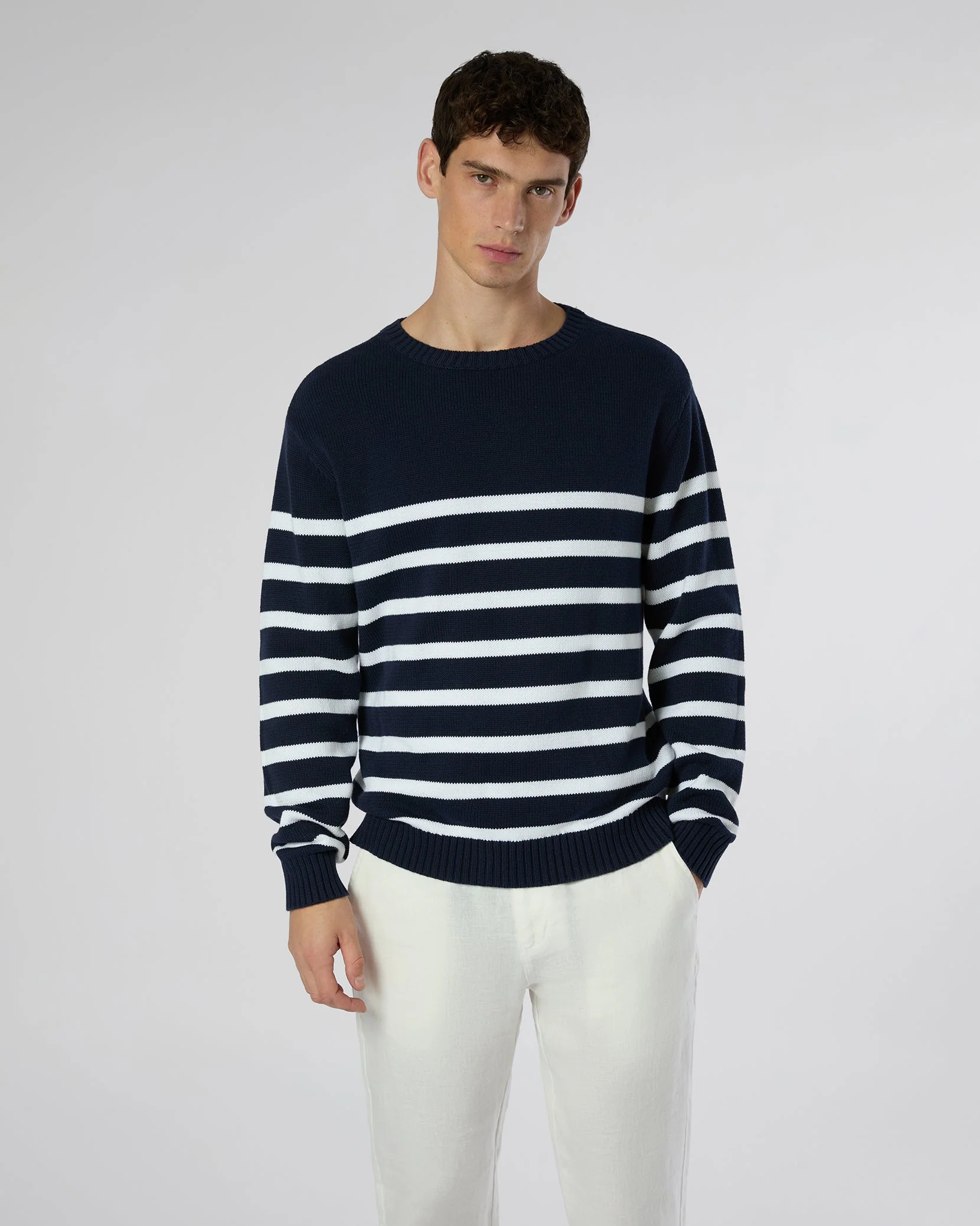 Mens | Cotton Boatneck Sweater | Deep Navy/White - Image 2