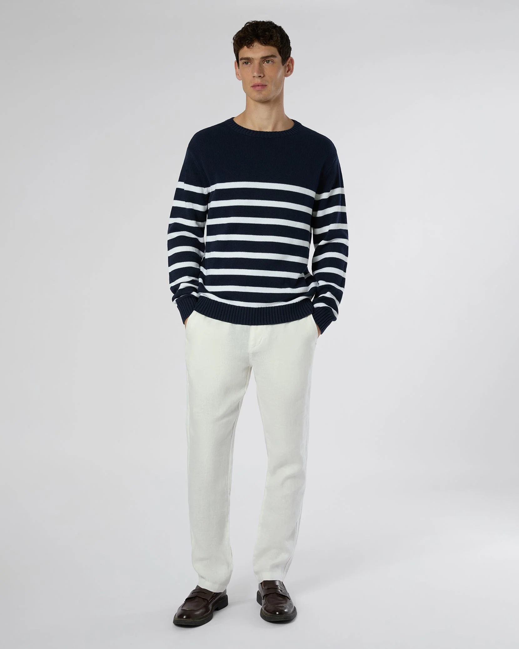 Mens | Cotton Boatneck Sweater | Deep Navy/White - Image 4