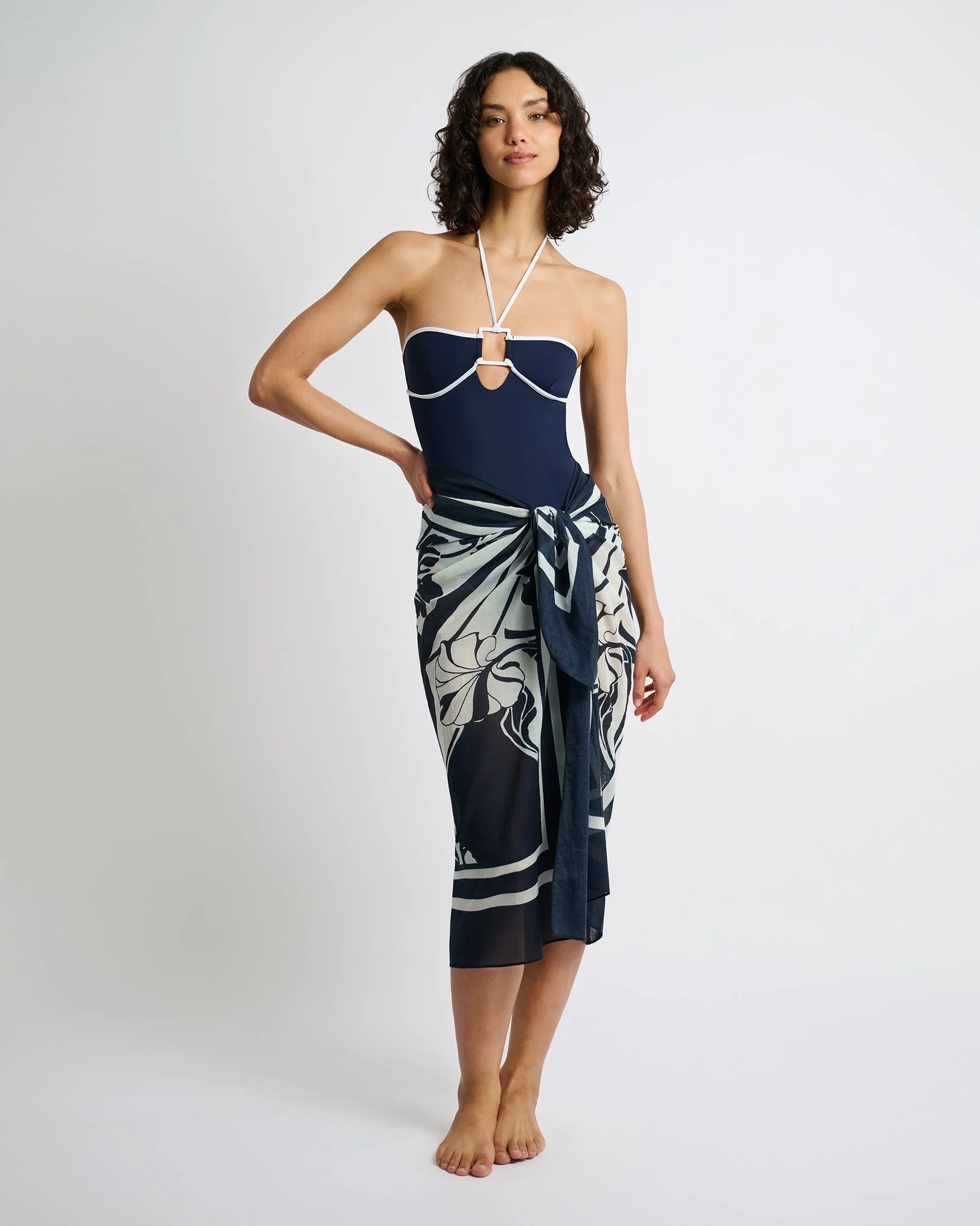 Womens | Cotton Chiffon Pareo | Deep Navy/Egret - Image 2