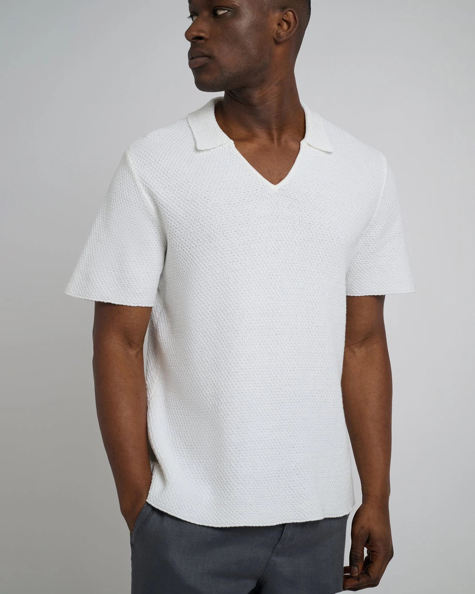 Mens | Cotton Crochet Johnny Collar Polo | White - Image 3