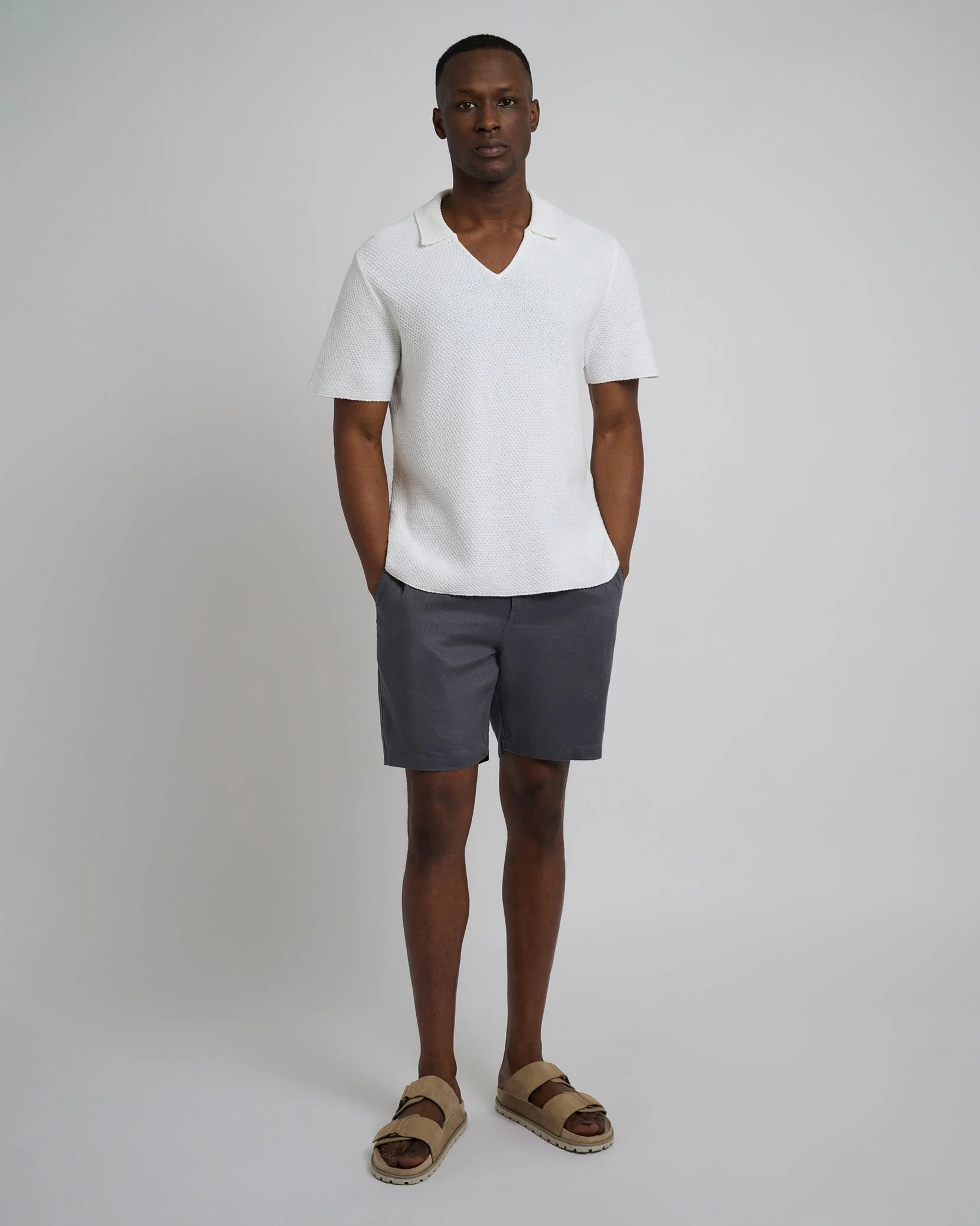 Mens | Cotton Crochet Johnny Collar Polo | White - Image 4