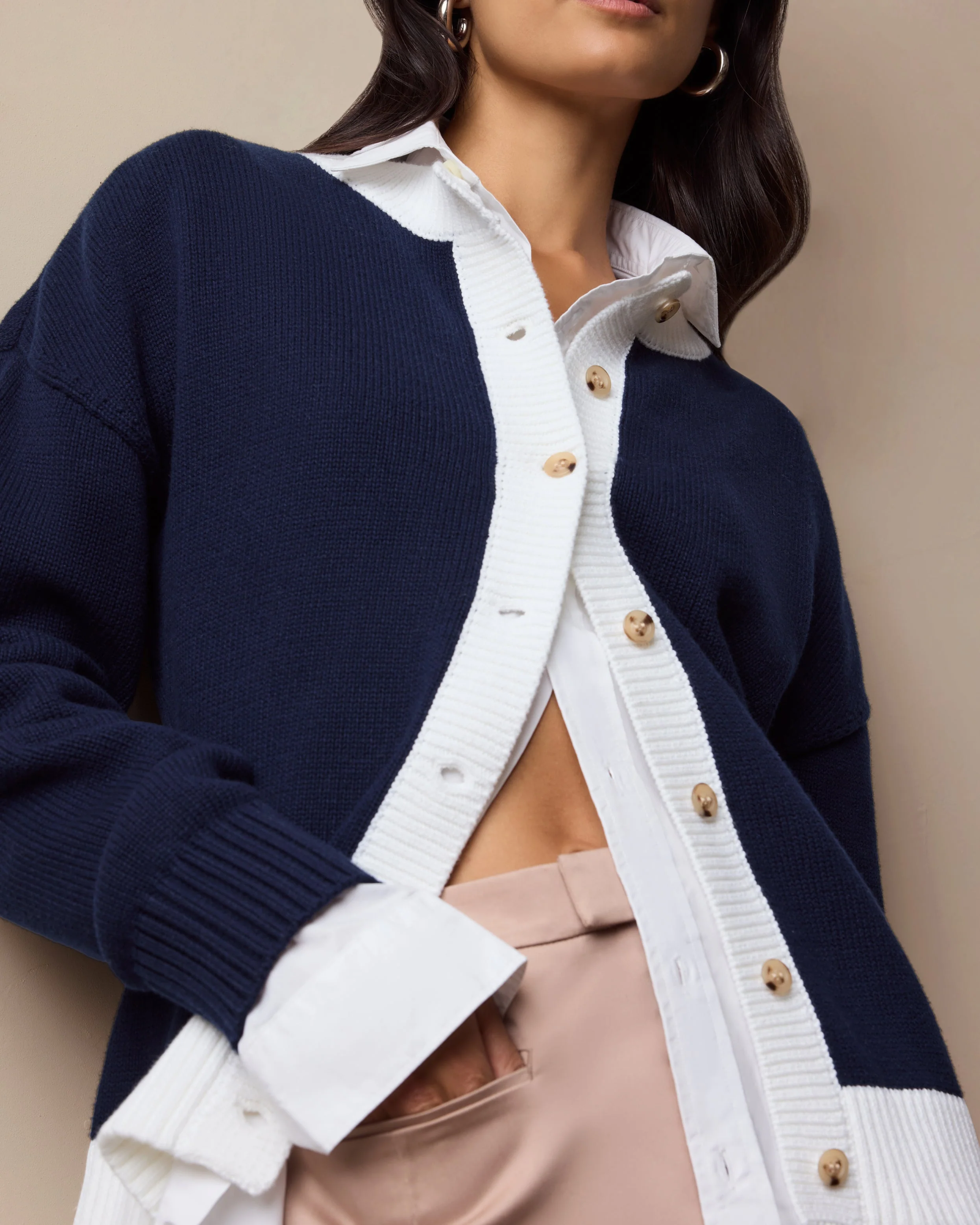 Womens | Cotton Fitted Cardigan | Noir Navy/White - Image 2