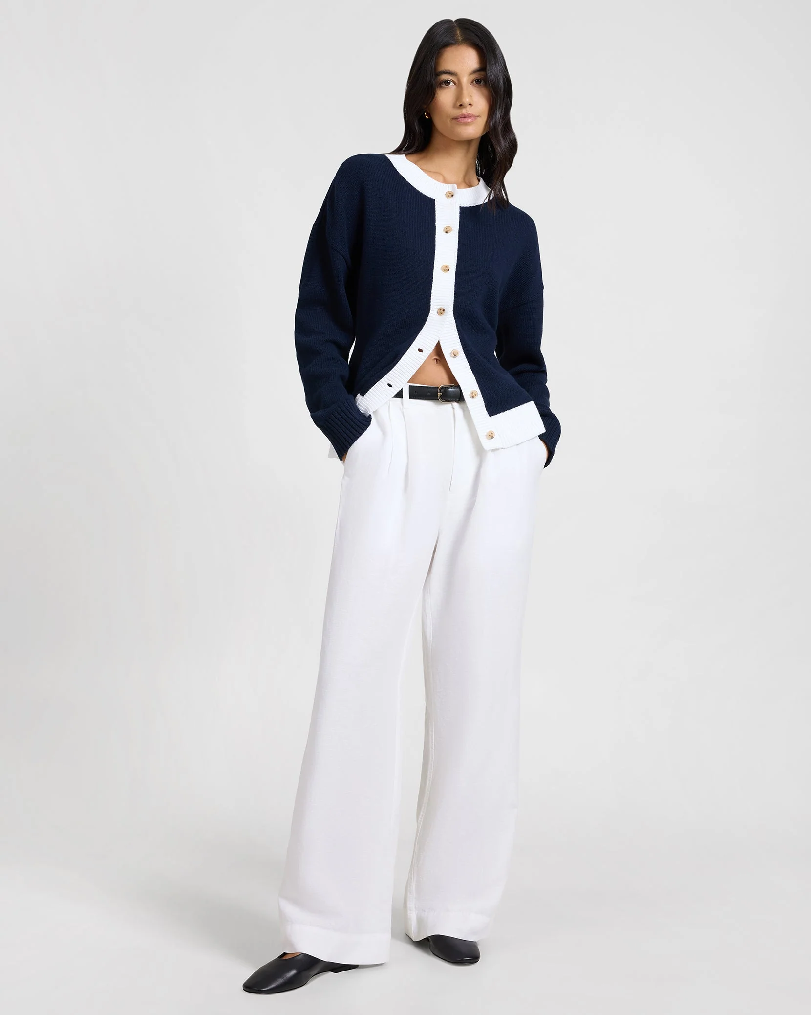 Womens | Cotton Fitted Cardigan | Noir Navy/White - Image 4