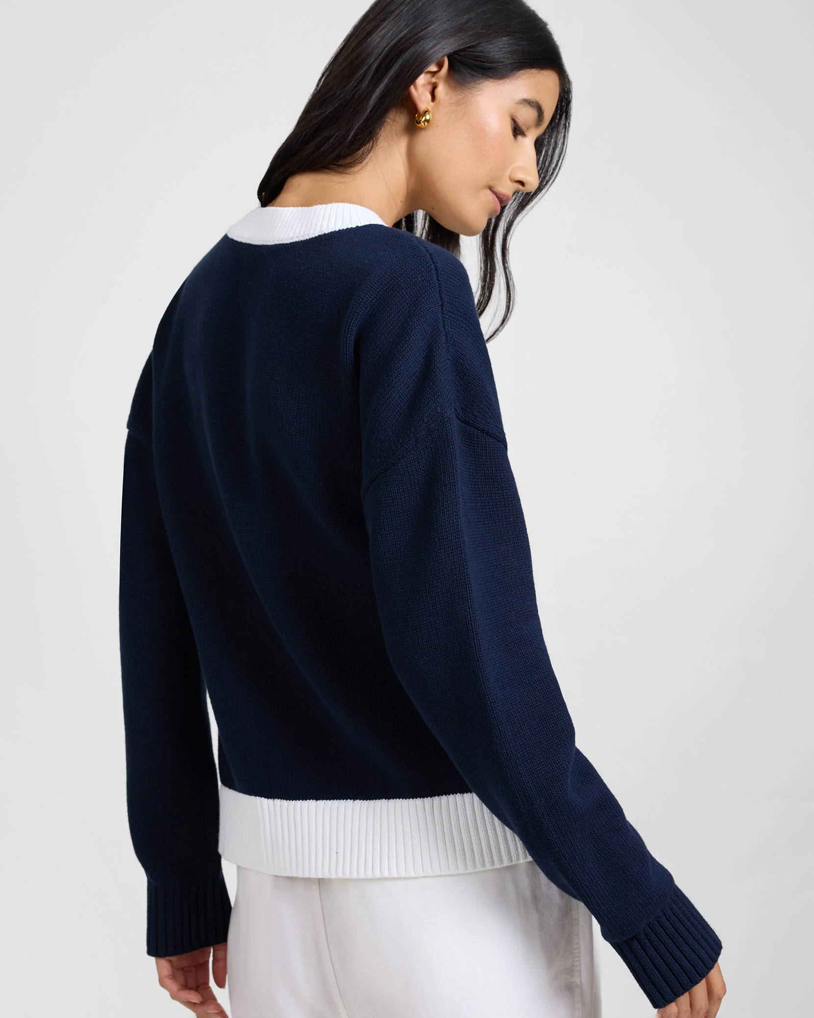 Womens | Cotton Fitted Cardigan | Noir Navy/White - Image 7