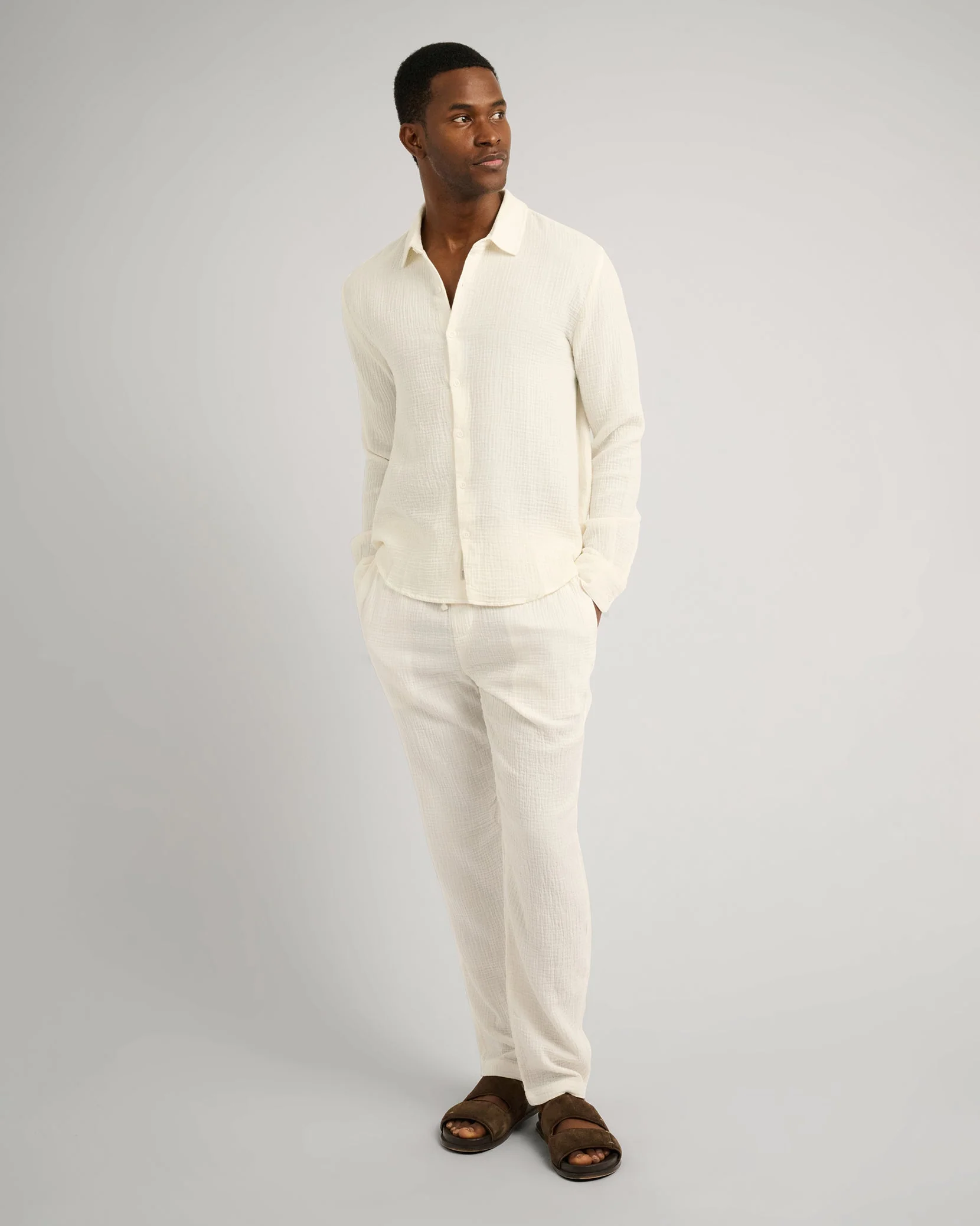 Mens | Cotton Gauze Long Sleeve Shirt | White - Image 3
