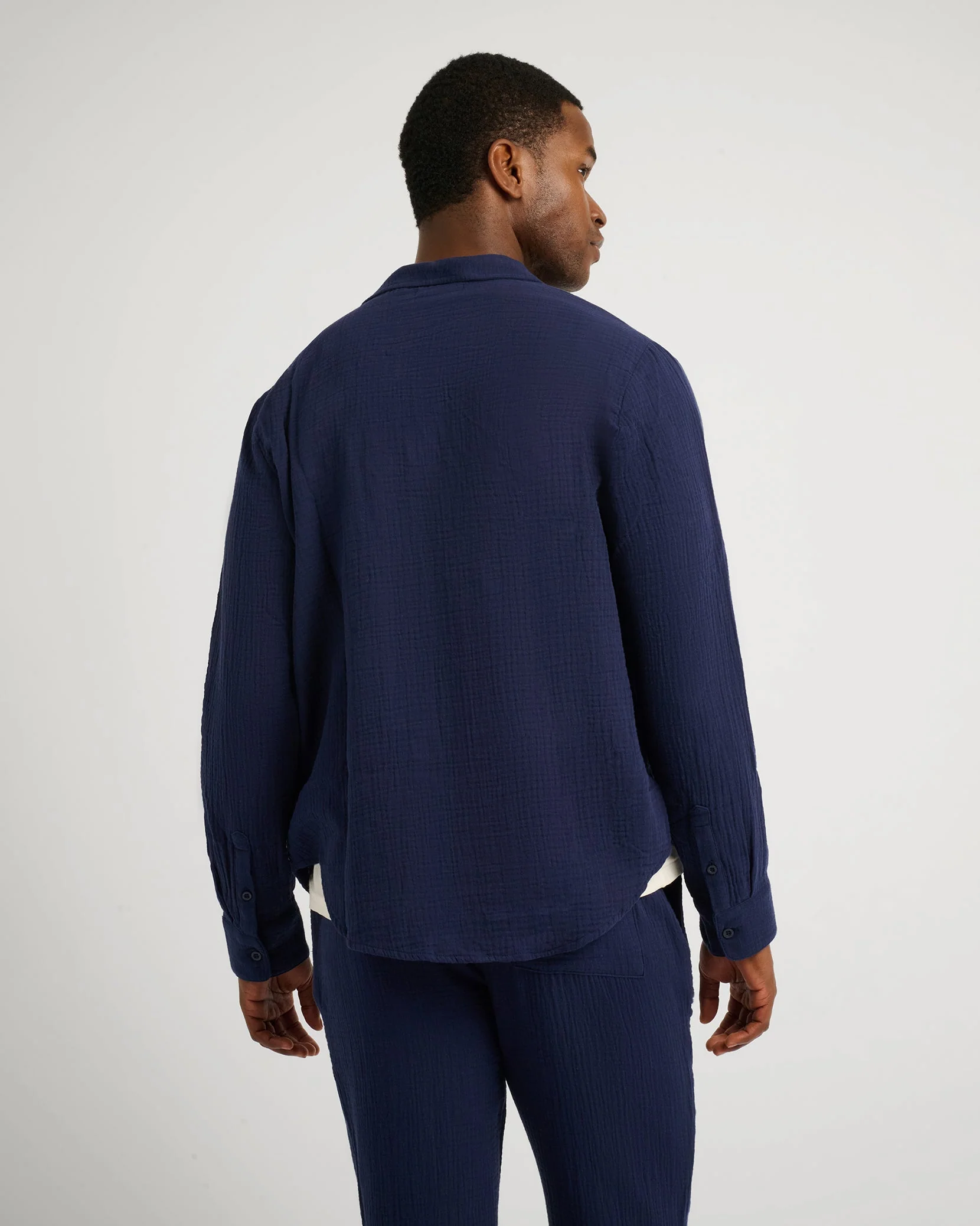Mens | Cotton Gauze Long Sleeve Shirt | Deep Navy - Image 5