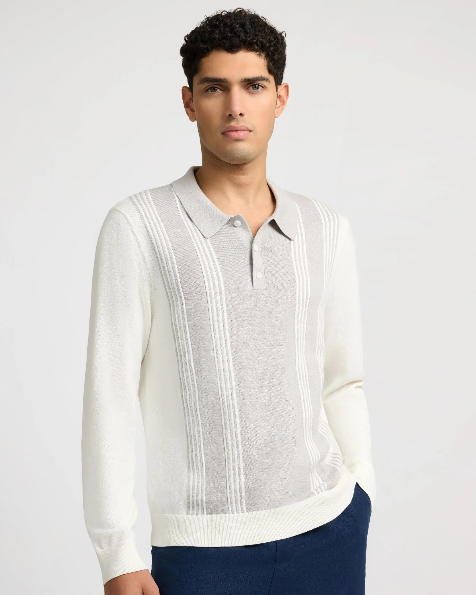 Mens | Cotton Knit Long Sleeve Polo Sweatshirt | Quiet Grey/White - Image 2