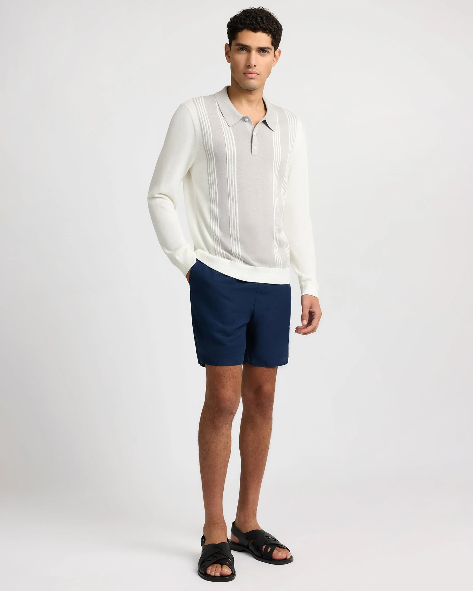 Mens | Cotton Knit Long Sleeve Polo Sweatshirt | Quiet Grey/White - Image 6
