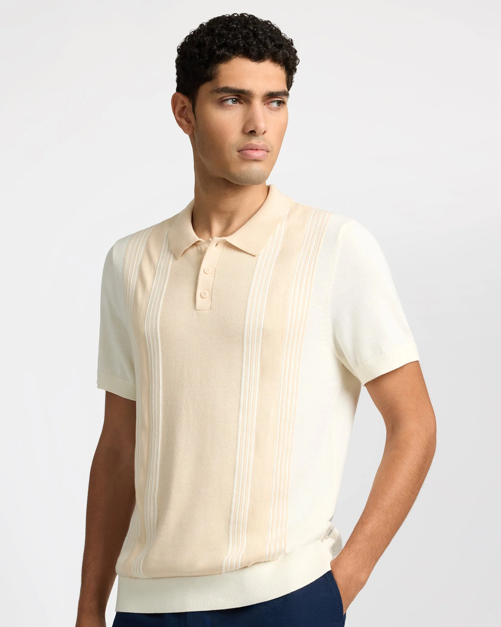 Mens | Cotton Knit Short Sleeve Polo | Natural/Egret - Image 2
