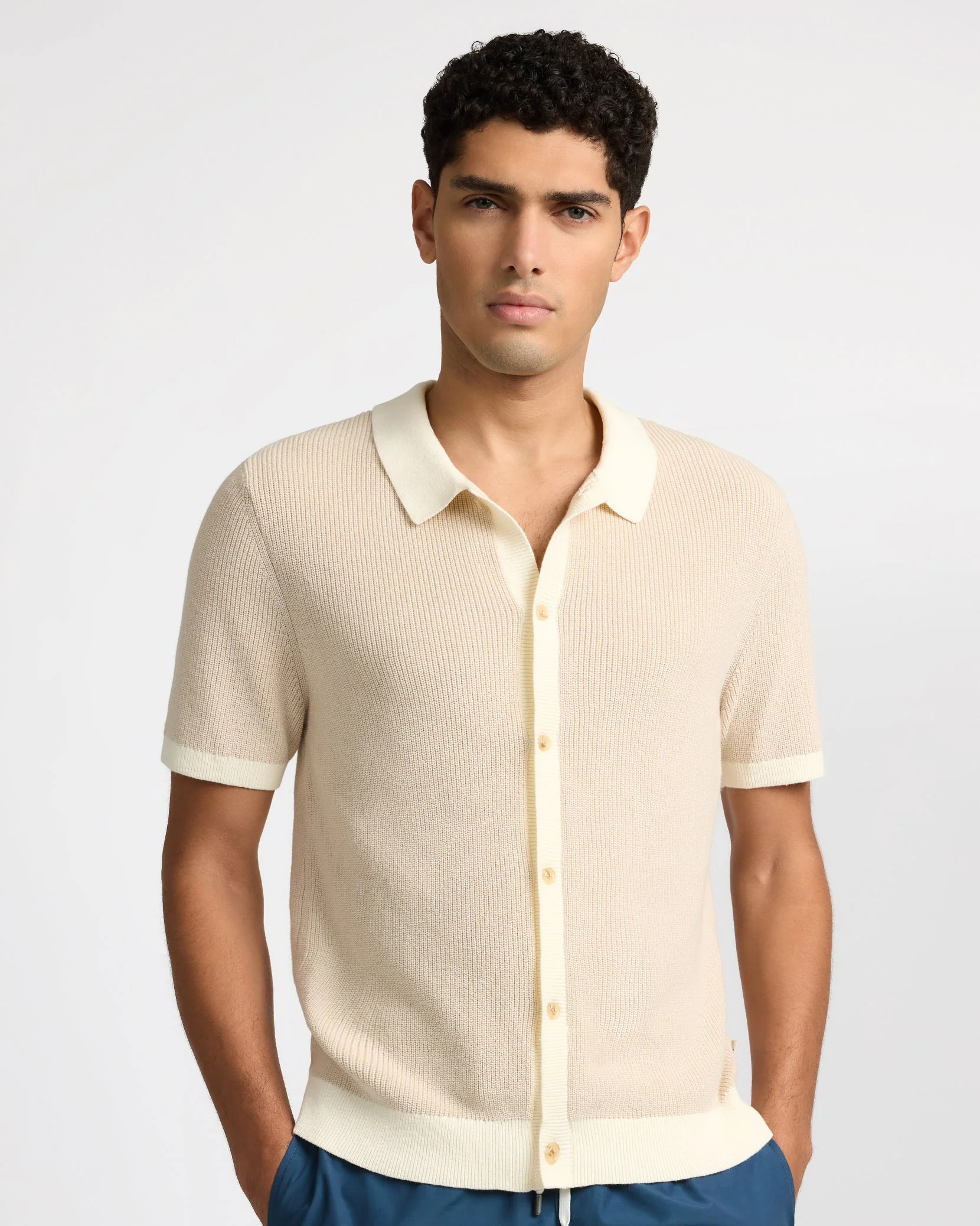 Mens | Cotton Linen Button Up Sweater | Stone/Egret - Image 3